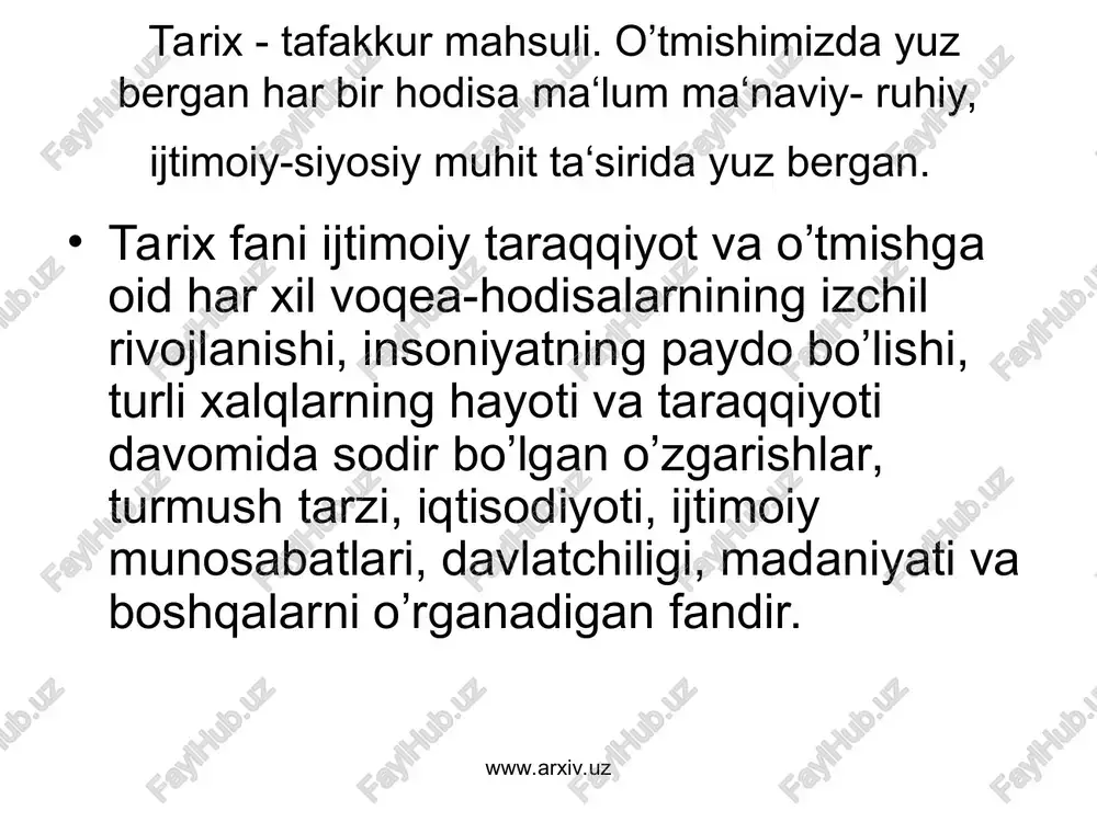 nishida geraklit, aristotel, muso al- xorazmiy, abu nasr farobiy, abu rayxon beruniy, abu ali ibn sino, ulug’’bek, dekart ,spinoza , gegel , gertsen va boshqa olim va ma‘rifatparvarlarning xizmati kattadir.ular tabiat, tarixiy va ma‘naviy dunyoni bir jarayon shaklida, ya‘ni ularni uzluksiz harakat qilib, o’zgarib, rivojlanib boradigan holda, taraqqiyotni ichki bog’lanishda olib o’rganish metodologiyasini yaratdilar. har qanday fanni o’rganishda qo’llaniladigan yagona dialektik qonuniyatga asoslangan usul, ya‘ni dialektik metod, o’zbekiston tarixini o’qitish va o’rganishda ham asosiy nazariy metodologiya hisoblanadi. o’zbekiston tarixi fani, boshqa ijtimoiy- gumanitar fanlar kabi, doimo harakatda bo’lib, o’zgarib, rivojlanib, boyib boradi. www.arxiv.uz www.arxiv.uz tarixiy voqea va hodisalarni o’rganish, ularni tahlil etish va yoritishda xolisona, haqqoniy, adolatli yondoshuv muhim metodologik qoidadir. xolislik qoidasini tarixiy voqea, hodisalarni o’rganayotganda ular bilan bog’liq bo’gan barcha faktlarning hech bir istisnosiz butun majmuini birga olib tekshirishni, xaqqoniy dalillarga asoslanishini talab qiladi. tarixni o’rganishda tarixiylik metodologiyasi muhim ahamiyatga ega. tarixiylik qoidasi voqea va xodisalarni o’z davrining …