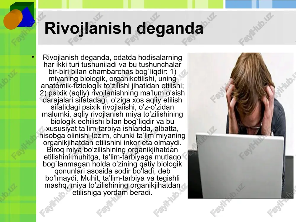 ing o’ziga xos xususiyatlari va qonuniyatlarini asosli ilmiy bilish, o’quvchi shaxsiga pedagogik jihatdan ta’sir ko’rsatishning zarur shartidir. ta’lim jarayonini boshqarish muammosi ta’lim jarayoni avvalo o’quvchilar diqqatini yo’lga solishni talab etadi. darslarda ko’rgazmali qurollardan, texnik va exm vositalaridan foydalanish ta’lim oluvchida ixtiyorsiz diqqatni yuzaga keltiradi. ta’lim jarayonida ta’lim beruvchining vazifasi darsda ishlash xolatini yuzaga keltirishgina emas, balki o’quvchilarning darsda o’tiladigan materialini idrok etishga tayyor turishlarini ko’zatish hamdir. ta’lim jarayonining samaradorligi ko’p jihatdan o’qituvchi tomonidan beriladigan ko’rsatmalarga ham bog`liq. o’qituvchining roli shundan iboratki, u o’quvchilarga tegishli ustanovkani hosil qilishi, nimani vaqtincha, nimani umrbod esda olib qolishi keraqligini, nimani butunlay esda olib qolmasdan, faqat tushunib olish kifoya qilishini, nimani so’zma-so’z esda olib qolishni, nimaning ma’nosini o’z so’zlari bilan aytib berish uchun esda olib qolish zarurligini ko’rsatib o’tishi lozim. ko’zatishlar ko’rsatadiki, bunday ko’rsatmalar berilmaganda, o’quvchilarda ko’pincha noto’g`ri tasavvurlar vujudga keladi. motivlar bevosita o’quvchi shaxsining o’sishi va rivojlanishi bilan bog`liq d.b.elkonin esa o’quv faoliyatining xususiyatlarini …