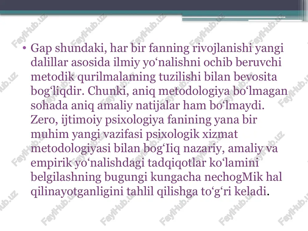 i kabi sifatlar belgilandi va bu sifatlarning har bir shaxsda (o‘quvchi yoki ishchi-xodimda) nechog'lik tarkib topib borayotganligini o ‘rganish, tahlil qilish vazifasini psixologi 1. psixologik xizmat har bir shaxsning faoliyatdan ijtimoiy va hissiy qoniqishjarayonini tadqiq qilishga qaratilgan usullar va uslublar majmuasiga asoslanishi lozim. 2. psixologik xianatshaxsnmg faoliyat jarayonidagio'z- : o'ziga. o'zgalarga va faoliyatga bo'lgan nnmosabatlaridagi ierarxiktizim dinamikasini tadqiq qilishi va shu tizim asosida ijtimoiy psixologik muhitning yaratilishiga zamin hozirlay olishi bilan bog'liq izlanishlar ko'lamini o'z ichiga oladi . 3. psixologik xizmat jarayoni bilan bog'liq ijtimoiy muliim jvo'rsatkichlaraing tahlili liar bir shaxs faoliyati uchun karakterli bo'lgan individual farqlanish. individual uslub va ijtimoiy ustanovkaning qaror toptirilishini o'rganisli asosida amalga oshirilishi mumkin. 4. psixologik xizmat jarayonini ijtimoiy psixologik muhofaza vositasi sifatida tadqiq qilish muammosi bugungi kunda ijtimoiy psixologiyaning eng dolzarb muammolaridan biri hisoblanadi va bu muammoni bartaraf etishda im'lu psixologik xizmat predmeti, maqsadi va vazifalari x alqta’limitizimidagi v ao ‘rta maxsus kasb-hunartizimidagi psixologik …