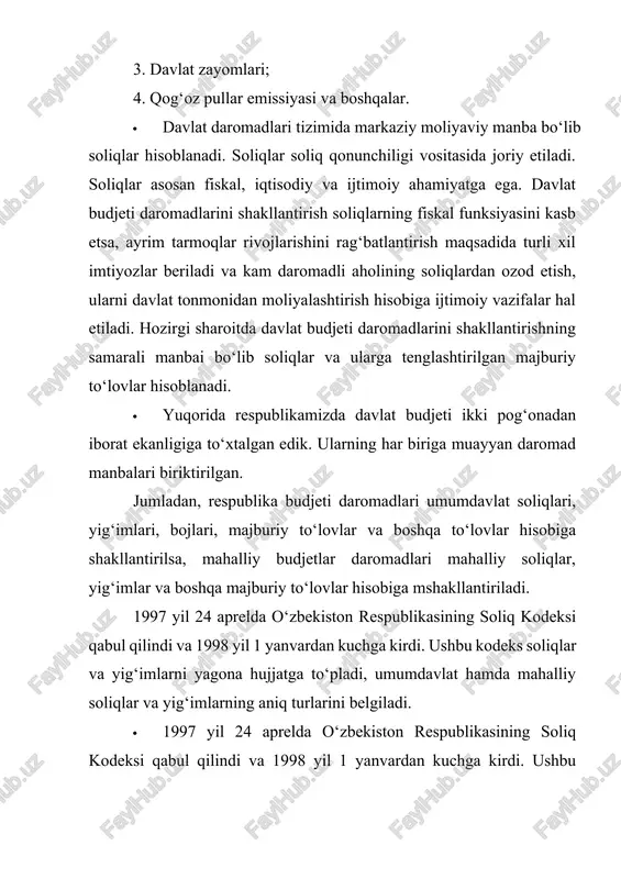 natijasidan byudjetga to’lanadigan aksariyat soliqlar va majburiy to’lovlar kelgusi davr xarajatlari orqali ishlab chiqarilgan mahsulot tannarxiga qo’shiladi (er solig’i, mol-mulk solig’i, ekologiya solig’i va boshqalar). shu o’rinda soliqlarni guruhlashning asosi hisoblangan, ularni xo’jalik yurituvchi sub’ektlar moliyaviy faoliyatiga ta’sir etishiga qarab quyidagilarga ajratishimiz mukin: · mamlakatimizda amal qilayotgan soliqlarning ayrimlari koxonalar ho’jalik faoliyatining oxirgi moliyaviy natijasidan byudjetga to’lanadigan aksariyat soliqlar va majburiy to’lovlar kelgusi davr xarajatlari orqali ishlab chiqarilgan mahsulot tannarxiga qo’shiladi (er solig’i, mol-mulk solig’i, ekologiya solig’i va boshqalar). shu o’rinda soliqlarni guruhlashning asosi hisoblangan, ularni xo’jalik yurituvchi sub’ektlar moliyaviy faoliyatiga ta’sir etishiga qarab quyidagilarga ajratishimiz mukin: · 1. tovar (ish, xizmat) lar oborotidan to’lanadigan soliqlar. bunday soliqlarga asosan egri soliqlar kiradi, ya’ni qo’shilgan qiymat solig’i, aktsiz solig’i jismoniy shaxslardan transport vositalariga benzin, dizel yoqilg’isi va suyultirilgan gaz ishlatganlik uchun olinadigan soliq, bojxona bojlari. · 2. ishlab chiqarish tannarxiga kiritiladigan soliqlar: pensiya fondiga ajratmalar, kasaba uyushmalari federatsiyasiga ajratmalar, bandlik fondiga …