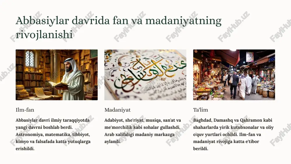 davlati o'zining siyosiy, iqtisodiy va madaniy jihatdan o'sishi bilan ajralib turdi. 2 qiyinchiliklar mahalliy isyonlar, siyosiy intilishlar va moliyaviy muammolar davlatning barqarorligini buzdi. 3 qulash ichki nizolar va tashqi bosimlar davlatning zaiflashishiga olib keldi, natijada u parchalanib ketdi. abbasiylar davlati o'zining ilk yillarida kengayish va gullab-yashnash davrini boshdan kechirdi. uning siyosiy va harbiy qudrati butun mintaqada hukm surdi, iqtisodiy taraqqiyot tez sur'atlarda rivojlandi va madaniy hayot gullab-yashnadi. biroq, vaqt o'tishi bilan ichki nizolar, tashqi bosqinlar va moliyaviy muammolar davlatning zaiflashishiga olib keldi. xalifalikning parchalanishi va mustaqil davlatlarning paydo bo'lishi bilan abbasiylar davlati o'zining qudratini yo'qotdi. 10 abbasiylar davri va uning tarixiy ahamiyati madaniy va ilmiy rivojlanish abbasiylar davri dunyoning ilm-fan va madaniyatini rivojlantirishga katta hissa qo'shdi. ularning hukmronligi davrida arab tili ilm-fan tiliga aylandi va sharqda ilmiy markazlar paydo bo'ldi. iqtisodiy va savdo markazi abbasiylar davri jahon savdosida muhim rol o'ynadi. ularning poytaxti bag'dod savdo va ilm-fan markazi bo'ldi va …