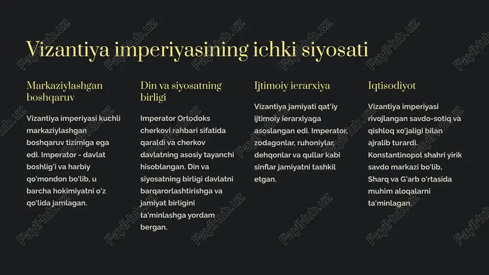vizantiya imperiyasi o'zining qulashiga olib kelgan ko'plab tashqi tahdidlarga duch keldi. ular orasida turklarning bosqini, g'arbiy yevropaning xochli yurishlari va venetsiya va genuya kabi shahar-davlatlarning kuchlanishi bor edi. ichki muammolar vizantiya imperiyasida ichki muammolar ham bor edi, masalan, imperatorlar o'rtasidagi kurash, iqtisodiy tanglik va diniy nizolar. bu muammolar imperiyani zaiflashtirdi va uni tashqi tahdidlarga yanada moyil qildi. konstantinopolning qulashi 1453 yilda konstantinopol usmonli turklari tomonidan bosib olinishi vizantiya imperiyasining qulashiga olib keldi. bu voqea yevropa tarixida muhim burilish nuqtasi bo'ldi. 11 xulosa va keyingi tadbirlar vizantiya imperiyasi ming yildan ortiq davom etgan tarixiy meros qoldirdi. uning madaniyati va san'ati g'arb va sharqni birlashtirdi, san'at, arxitektura va ilm-fan rivojiga ta'sir ko'rsatdi. vizantiya tarixini o'rganish bizga dunyo tarixini yanada chuqurroq tushunish imkonini beradi. 12 xulosa va keyingi tadbirlar 1 vizantiya imperiyasi vizantiya imperiyasi tarixi, uning madaniyati va siyosati haqida chuqurroq tushuncha bizga dunyo tarixini yanada to'liqroq anglashga yordam beradi. bu imperiya 1000 …