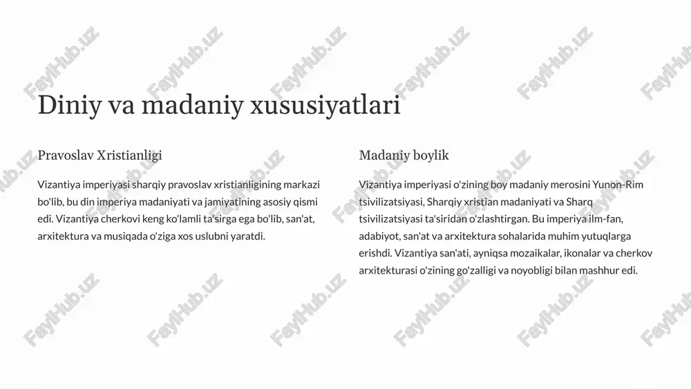 i va arxitekturasi slavyan mamlakatlari, italiya va boshqa yevropa mamlakatlariga tarqalib, u erda o'zining ta'sirini qoldirdi. 9 ijtimoiy hayot va jamiyatdagi o'rni ijtimoiy sinflar vizantiya imperiyasi jamiyatida sinfiy tuzilma aniq bo'lgan. imperator va uning oilasi eng yuqori sinfni tashkil qilgan. undan keyin ruhoniylar va zodagonlar kelgan, ular muhim siyosiy va iqtisodiy kuchga ega bo'lgan. shahar va qishloq imperatorlik shahri konstantinopol vizantiya jamiyatining markazi bo'lgan va uning atrofida yirik shaharlar rivojlangan. qishloq xo'jaligi ham muhim rol o'ynagan va dehqonlar asosiy aholini tashkil qilgan. madaniy hayot vizantiya jamiyati boy madaniy merosga ega bo'lgan, bu san'at, adabiyot, musiqa va arxitekturada o'z ifodasini topgan. jamiyatning madaniy hayotini bayramlar, teatr tomoshalari va diniy marosimilar boyitgan. 10 yevropa sivilizatsiyasidagi roli madaniy meros vizantiya imperiyasi qadimgi yunon va rim madaniyatlarini saqlab qolgan va yevropaga ularning g'oyalari va bilimlarini uzatgan. diniy ta'sir vizantiya imperiyasi sharqiy pravoslav xristianligining markazi bo'lgan va uning ta'siri sharqiy yevropa va rossiyaga tarqalgan. san'at …