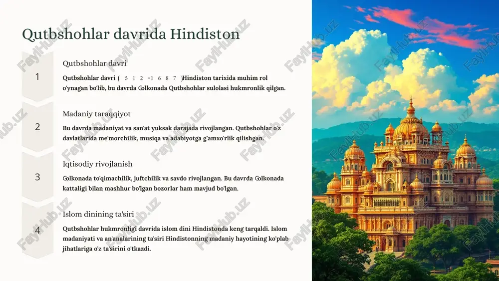t sohasida fors tili keng tarqaldi. shuningdek, hind tillarida ham ijod qilindi. bu davrda she'riyat, nasr va tarix yozuvi rivojlandi. mashhur shoirlar orasida amir xusrav dehlavi, mirzo g'olib va avifiyni sanab o'tish mumkin. 9 ilmiy yutuqlar matematika va astronomiya ilk o'rta asrlarda hindiston matematikada va astronomiyada muhim yutuqlarga erishdi. ular matematik formulalarni, algebrani va trigonometriyani rivojlantirishda muhim rol o'ynadilar. shu bilan birga, astronomiya sohasida ham katta yutuqlarga erishdilar. ular quyosh tizimining tuzilishini o'rganishdi va yulduzlarning harakatini kuzatishdi. tibbiyot hindistonlik shifokorlar tibbiyot sohasida ham katta yutuqlarga erishdilar. ular kasalliklarni tashxislash va davolash uchun turli xil usullarni ishlab chiqdilar. o'simliklardan foydalanib, ular dorilar va o'simlik ekstraktlarini tayyorladilar. ular shuningdek, jarrohlik amaliyotlarini o'tkazishda ham mahoratli edilar. arxitektura ilk o'rta asrlarda hindistonda ko'plab ulug'vor me'moriy yodgorliklar qurilgan. masalan, taj mahal - bu butun dunyo bo'ylab mashhur bo'lgan me'moriy durdonalaridan biridir. bundan tashqari, ko'plab masjidlar, saroylar va maqbaralar qurilgan bo'lib, ular o'sha davrning me'moriy ustaligini …
