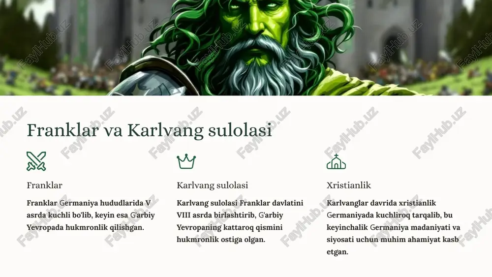 uv garchi urushlar bo'lgan bo'lsa ham, musulmonlar va xristianlar o'rtasida savdo va madaniy almashuvlar sodir bo'ldi. musulmonlarning ilmiy va madaniy yutuqlari, shu jumladan, matematika, astronomiya va tibbiyot, g'arbiy yevropaga tarqaldi. 10 riterlar va qishloq xo'jaligi yer egasining vazifasi riterlar yer egasining vazifasini bajarishgan, o'z yerlari va dehqonlarini himoya qilishgan. dehqonlarga yordam urush vaqtida riterlar dehqonlarga yordam berishgan, ularga o'z yerlarini himoya qilishga va o'zlarini dushmanlardan himoya qilishga yordam berishgan. qishloq xo'jaligi rivojiga ta'siri riterlar o'z yerlarini rivojlantirishga harakat qilishgan, chunki ularning boyligi ularga bog'liq bo'lgan. 11 germaniyada hunarmandchilik va savdo hunarmandchilik o'rta asrlarda germaniyada turli xil hunarmandchilik turlari rivojlangan edi. ular qishloq xo'jaligi mahsulotlari va turli buyumlarni ishlab chiqarish bilan shug'ullanishgan. hunarmandchilik ustaxonalari shaharlarda va qishloqlarda bo'lib, ko'pincha oilaviy biznes sifatida ish olib borishgan. savdo savdo o'rta asrlarda germaniyada iqtisodiy hayotning muhim qismi bo'lgan. shaharlar va qishloqlar o'rtasida, shuningdek, turli mamlakatlar o'rtasida savdo faoliyati amalga oshirilgan. savdo yo'llari turli tovarlarni …