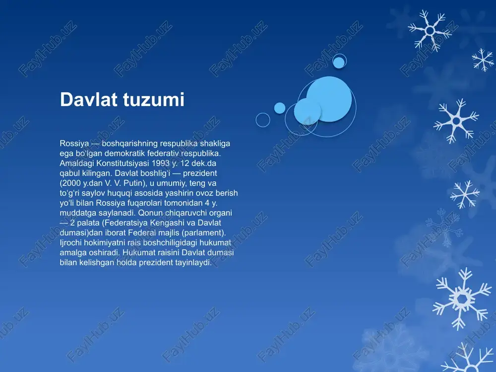 oklaridan biridir. uning tuliq siklli korxonalari ural (magnitogorsk, chelyabinsk, nijniy tagil), markaziy iqtisodiy rnlarida (lipetsk, tula) va gʻarbiy sibirda (novokuznetsk) joylashgan bulib, chuyan, pulat, tayyor prokat ishlab chiqaradi. kalay, mis, qoʻrgʻoshin, pyx, alyuminiy, volfram, nikel, molibden rangli metallurgiyaning eng muhim mahsulotlaridir. tabiiy resurslar va mahsulot ishlab chiqarish imkoniyatlarining o‘ziga xosligi rossiya dunyoda ma’danli xom ashyo resurslar zahirasi mavjudligi bo‘yicha asosiy rol o‘ynaydi. mamlakatning bugunda mavjud bo‘lgan qimmatbaho yerosti va yer usti boyliklari zihirasi 28,6 trln. dollarni tashkil etadi. hozirda rossiya dunyodagi jami yerosti qazilmalarini qazib olish bo‘yicha yetakchi sanaladi. xususan, bu yerda dunyoning 10 % nefti, 30 % tabiiy gazi, 10 % toshko‘miri, 14 % temir rudasi, 15 % rangli va kam uchraydigan metallar qazib olinadi. rossiya mdh mamlakatlari ichida zahira foydali qazilmalari borligi jihatidan ham oldinda. u mdh mamlakatlar ichida 85 % neft zahirasiga, 53 % - simob, 95 % - nikel, 78 % - boksit zihirasiga ega sanaladi. …