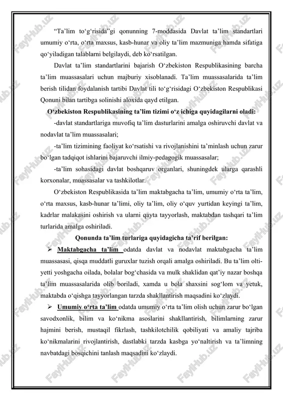 ng kasb-hunarga moyilligi, mahorat va malakasini chuqur rivojlantirish, tanlangan kasblar bo‘yicha bir yoki bir necha ixtisos olishni ta’minlash hisoblanadi. · oliy ta’lim oliy o‘quv yurtlarida (universitetlar, akademiyalar, institutlar va oliy maktabning boshqa ta’lim muassasalarida) amalga oshiriladi. oliy ta’limning asosiy maqsadi oliy ta’lim yo‘nalishlaridan biri (bakalavriat) yoki aniq mutaxassislik (magistratura) bo‘yicha puxta bilim berish hisoblanadi. · oliy o‘quv yurtidan keyingi ta’lim jamiyatning ilmiy va ilmiy- pedagogik kadrlarga bo‘lgan ehtiyojlarini ta’minlashga qaratilib, u oliy o‘quv yurtlari va ilmiy-tadqiqot muassasalarida (doktorantura, mustaqil tadqiqotchilik) amalga oshiriladi. · kadrlar malakasini oshirish va ularni qayta tayyorlash otmlarda, maxsus ta’lim muassasalarida, oliy maktablarda, qisqa muddatli o‘quv kurslarida yoki boshqa tashkilotlarda amalga oshirilishi mumkin bo‘lib, uning asosiy maqsadi kasb bilim va ko‘nikmalarni chuqurlashtirish hamda yangilashni ta’minlashga qaratiladi. · maktabdan tashqari ta’lim bolalar va o‘smirlarning yakka tartibdagi ehtiyojlarini qondirish, ularning bo‘sh vaqti va dam olishini tashkil etish, madaniy-estetik, ilmiy, texnikaviy, sport va boshqa yo‘nalishlarda ko‘rsatiladi. bu ta’lim bolalar, o‘smirlar …