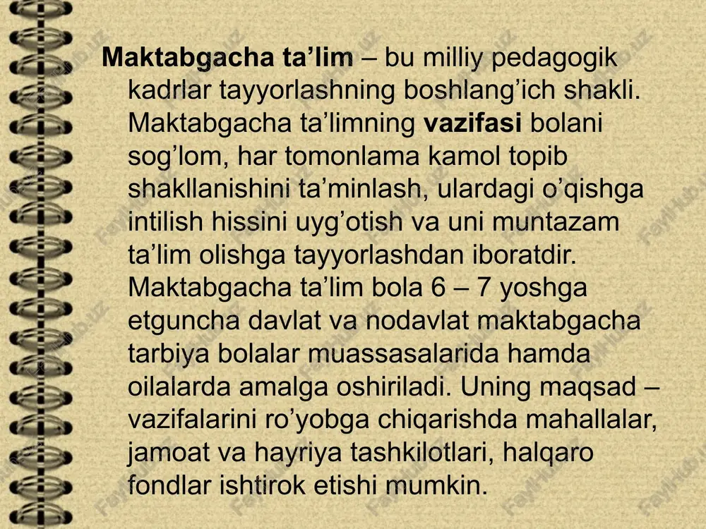 mning keyingi bosqichlarida o’qishni davom ettirish yoki egallagan ihtisos va kasb – hunar bo’yicha mehnat faoliyati bilan shug’ullanish huquqini beradi. o’rta mahsus, kasb – hunar ta’limini tashkil etish va rivojlantirish uchun quyidagilar zarur: akademik litsey va kasb – hunar kollejlari faoliyat ko’rsatishining normativ vazifalarini ishlab chiqish va joriy etish; soha uchun oliy ta’lim muassasalarining ishlab chiqarish, fan va madaniyat sohasini mutahassislarini jalb etgan holda yuqori malakali mutahassislarni tayyorlash va qayta tayyorlashni, shu jumladan chet ellarda tayyorlash va qayta tayyorlashni tashkil etish; o’rta mahsus, kasb – hunar ta’limi o’quv muassasalari uchun ta’lim va kasb – hunar dasturi, o’quv uslubiy majmualar ishlab chiqish; akademik o’quvchilari mehnat faoliyati ko’nikmalarini, egallashlari uchun ihtisoslashtirilgan dasturlar ishlab chiqish va joriy etish; kasb – hunar kollejlarida tayyorlanadigan mutahassislarga nisbatan ihtisos va kasb – hunar, malaka talablarining ro’yhatini ishlab chiqish; hududlarning jo’g’rofiy va demografik shart – sharoitlarini va tegishli sohadagi mutahassislarga bo’lgan mahaliy ehtiyojlarni hisobga olgan holda o’rta …