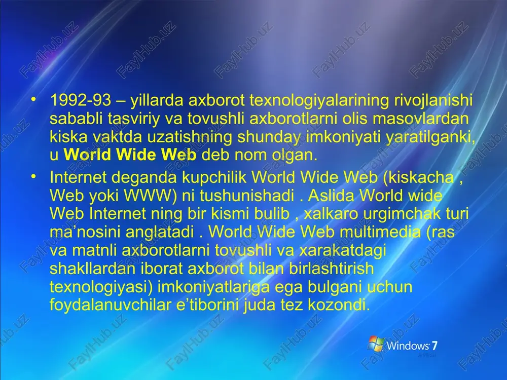 nga kelib unlab kidiruv tizimlari yaratilgan . ulardan kup kullaniladiganlari sifatida rambler , aport , yahoo , yandex , google, google.uz saxifalarini keltirish mumkin . xar bir kidiruv tizimi internet tarmogi uz adresiga ega masalan, yukorida sanab utilgan kidiruv tizimlari mos ravigda www.rambler.ru , www.yahoo.com adreslarga ega. kidiruv tizimi web-brauzer orkali ishga tushiriladi, ya’ni brauzerning adreslar satriga kidiruv tizimining adresi kiritiladi. kidiruv tizim-lari turli kurinishga ega bulgani bilan, ularning ishlashi deyarli bir xil. ulardan foydalanishni rambler kidiruv tizimi misolida kurib chikamiz rambler ni ishga tushirish uchun , avval veb-brauzer ni ishga tushiramiz. brauzerning adreslar satriga rambler kidiruv tizimi-ning adresi - www.rambler.ru ni kiritib klavishini bosamiz . brauzer ma’lumotlar maydoniga rambler kidiruv tizimining veb-saxifasi chikadi . kerakli bulgan mavzu yoki kerakli maxsulotni nomi kidiruv satriga kiritiladi va kidiruv tugmasi bosiladi . mavzu xama narsa bulishi mumkin masalan , biror bir musika kerak bulsa shu musikani nomi kiritiladi (masalan cherniy bumer) . …