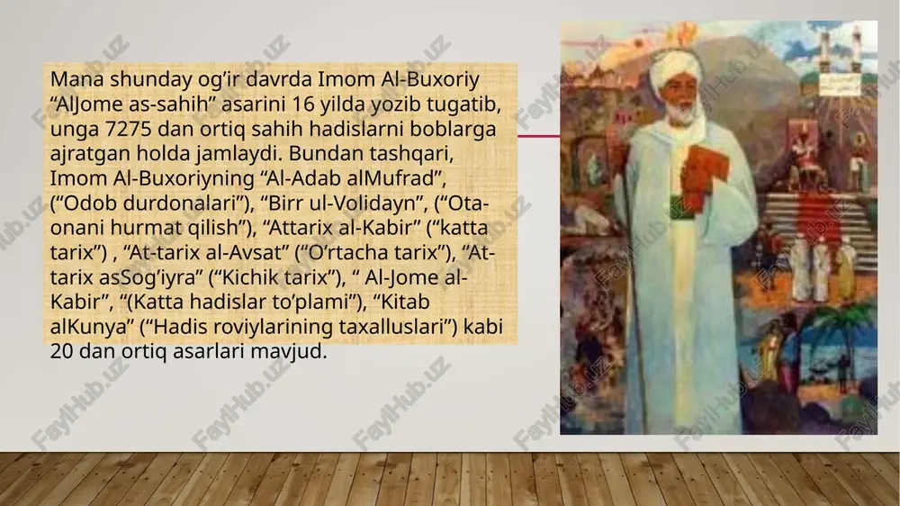 , 10 yoshidayoq arab tilida yaratilgan kitoblar yordamida hamda roviylardan og’zaki ravishda eshitish asosida hadislarni yodlay boshlagan. alloma hadis ilmini zo’r ishtiyoq va katta qiziqish bilan o’rgandi. abdulloh ibn al-muborak, vaqi’ ibn jarroh kabi olimlar tomonidan to’plagan hadislarni yod olgan, shuningdek, hadis rivoyatchilari xususida so’z yuritilgan bahslarda ishtirok etgan. imom ismoil al-buxoriy 825 yilda, o’n olti yoshida onasi va akasi bilan hijozga safar qiladi. makkayu mukarrama va madinai munavvarada bo’lib, haj ibodatini ado etadi. balx, basra, kufa, bog’dod, xume, damashq, misr, makka va madina kabi shaharlarda bo’lib, safar jarayonida muhaddislar bilan bilan uchrashadi. muhaddislar bilan uyushtirilgan suhbatlarda ular tomonidan aytilgan hadislarni yodlab borar edi. olti yil hijoz shahrida yashab, u yerda yetuk muhaddislardan hadis ilmi bo’yicha, damashq, qohira, basra va bag’dod shaharlarining mashhur olimlardan esa fikh ilmi bo’yicha ta’lim oladi. shuningdek, allomaning o’zi ham turli bahs va munozaralarda ishtirok etib, toliblarga dars ham beradi. imom ismoil al-buxoriy iste’dodli, o’tkir zehnli …
