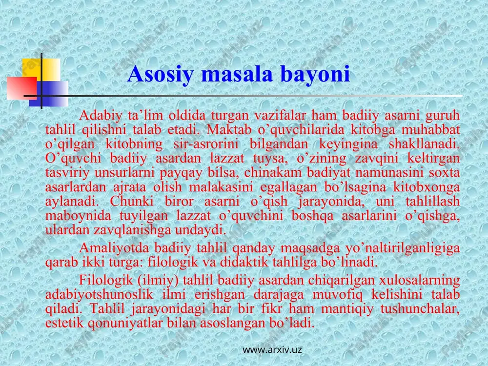i * etishmovchilik xulosalash urushning tugagani e’lon qilingan vaqtda umri xola o`ladi. demak, so`nggi qurbon umri xola. shoikromning vahshiyona ish tutushiga, onaning o`g`irlik qilishiga hadichaning zorlanishiga, zamonning og`irligiga va nihoyat fojeaning yuz berishiga ham urush sabab. www.arxiv.uz www.arxiv.uz o`qituvchi guruhlarning fikrlari yozilgan vatmanni sinf taxtasiga osadi. 3-vatmanga guruhlarning fikrini xulosalaydi. keyingi bosqichda o`qituvchi taxtaga shoikrom ismini yozadi. o`quvchilar uning tabiatiga xos xususiyatlarni sanaydi. shoikrom mehnatkash vahshiy sabrsiz qizg`onchiq halol xudbin kambag`al www.arxiv.uz www.arxiv.uz o`quvchilar tomonidan berilgan birorta javob noto`g`ri deb qat’iy aytilmaydi. fikrni aytgan o`quvchi uni asoslaydi, sababini tushuntiradi. 3-bosqichda guruhlarning biri shoikromni himoya qiladi, biri uni qoralaydi. “yaxshilik” guruhi – oqlovchilar. shoikrom to`g`ri ish qilmadi, lekin u shunday yo`l tutishga majbur bo`ladi. onasida ham ayb bor, o`g`rilik qilmaslik kerak edi. bolalari oilasining kun ko`rishi uchun shu yo`lni tutdi. axir u o`g`ri onasi ekanligini bilmagan edi. uni qoralashimiz, jazo berishimiz shart emas, shundoq ham u eng katta jazoga, vijdon azobiga …