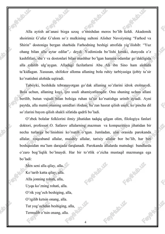 g dardini bayon qilishga urinadi. shaftoli shoxiga zor, alla, g’aynoli bargiga zor, alla. men dadangga intizor, alla, ko’z tutarman beqaror, alla. umuman, alla onaning farzandi bilan his-tuyg’ular orqali munosabatda bo’lish vositasi. ular lirik asarlar sifatida kuylovchilarning ichki kechinmalarini ifodalaydi. shuning uchun ham chaqaloqni estetik tarbiyalashda muhim ahamiyatga ega bo’ladi. bolalar folklorning yana bir janri ertaklardir. tabiiyki, bu ertaklar kattalar folkloridagi namunalardan syujetdagi va tildagi soddalik bilan ajralib turadi. ularning matnlari ham hajm jihatidan qisqa bo’ladi. ishtirok etadigan qahramonlar –obrazlar esa ko’pincha hayvonlardir. kattalar yosh bolalarga bag’ishlangan ertaklar orqali bir qator maqsadlarni nazarda tutganlar. jumladan, bunday ertaklar bolalarni ovutishga, ayrim yovvoyi va uy hayvonlari qushlar haqida ma’lumot berishga, ularning nutqini o’stirishga, uxlashdan oldin tinch-sokin kayfiyatni hosil qilishga qaratiladi boladagi ezgulikka intilishni shakllantiradi, rivojlantiradi. masalan, “qarg’a bilan qo’zi” ertagida qarg’a qo’zini yemoqchi bo’ladi. qo’zi qarg’aga tumshug’ini halollab olishini maslahat beradi. qarg’a daryo bo’yiga tumshug’ini halollash uchun keladi. shu bilan qarg’ani daryo ko’za …