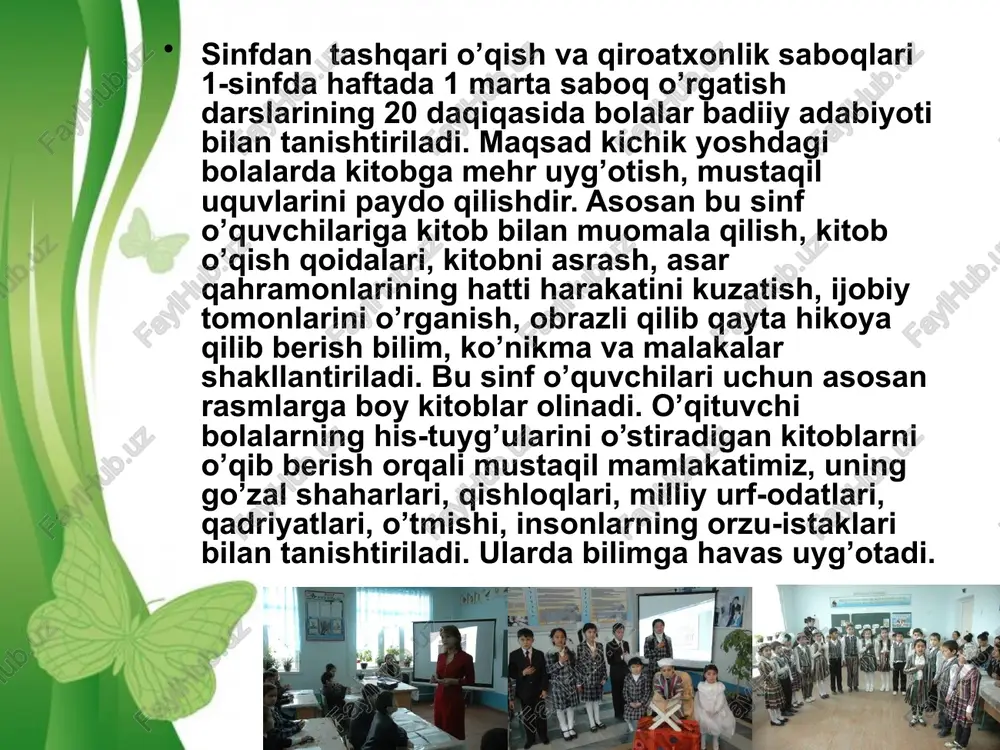 tlar o`qituvchi va o`quvchilarning ijodiy tashabbuskorliklarini namoyon qilishlariga sabab bo`ladigan o`qitish shaklidir. malumotlar maktabda dars tugagach tashkil etiladi. free powerpoint templates page ‹#› sinfdan tashqari mashgulotlarning tashkiliy shakllariga guruhlar, ommaviy va yakka tartibda bajariladigan ishlar kiradi. o`quvchi guruhlari bilan bajariladigan sinfdan tashqari ishlarning keng tarqalgan xili – to`garak mashgulotlaridir. to`garaklarning ish mazmuni sinflarda o`qitilayoyetgan fan bilan bogliq bo`ladi. shunga ko`ra:, «yosh botaniklar», «yosh zoologlar», «yosh fiziologlar», «yosh biologlar» nomli to`garaklar ish olib boradi. to`garaklarni tashkil etish o`quv yili boshida amalga oshiriladi. buning uchun o`qituvchi to`garak ochilishi haqida e'lon chiqaradi. darslar paytida ham o`quvchilar to`garakka a'zo bo`lishga da'vat etiladi. free powerpoint templates page ‹#› to`garak ishi 1. to`garakning yigilishlarda muntazam qatnashishi. 2. to`garak ishiga ya'ni a'zolarni jalb etish. 3. tirik burchakda ba'zi xayvonlar ustida kuzatish na tajribalar utkazish. 4. kuzatish yuzasidan kundalik yurgizish. 5. to`garak hayotini aks ettiruvchi devoriy gazeta chiqarish 6. tirik burchakda navbatchilik qilish kabilardir. to`garak ishiga odatda 15 …
