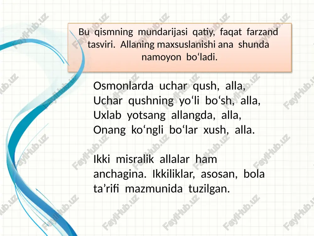 ylayotgan vaziyatdagi kayfiyatining natijasi bo‘lib, bu kayfiyatda ifodalanishi kutilgan niyatning salmog‘i, yo‘nalishiga bog‘liq. o‘zbek allalarida shunday ichki bir mantiq borki, u qaysidir bir ishorada harakat, ohang va mazmun birligini ta’minlab turadi. shu fikrning dalili sifatida tubandagi allani ko‘zdan kechiraylik: obsudit rezultati primera ili modelirovaniya situatsii. perechislite rekomendatsii. 10 alla-yo alla, oppoq qizim, alla, qaymoq qizim, alla, go‘zal qizim, alla, asal qizim, alla, oqcha qizim , alla, zoqcha qizim, alla. sanam qizim, alla, tamtam qizim, alla. erka qizim, alla, serka qizim, alla. chaman qizim, alla, saman qizim, alla. ko‘rinib turibdiki, bu alla erkalash xususiyatiga ega. unda strofik bo‘lak – ikkilik shaklda. barcha qofiyadosh so‘zlar sifatlash (epitet) vazifasini bajargani holda nuqul satr boshida kelgan: “qizim, alla” murojaatnomasiesa monoton mayin ohangni ta’minlovchi tarkibli radif bo‘lib, butun alla davomida ohang va kuyning yaxlitligini, yagona oqimda davom etishini ta’minlab turibdi. sifatlovchiq ofiyadosh so‘zlarda onaning qizalog‘iga bo‘lgan chuqur mehri xilma-xilqiyoslash va o‘xshatishlarda tovlanib turadi. podvedite itog …