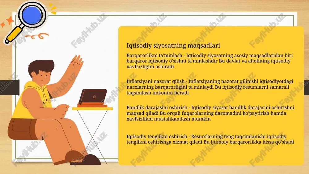 t investitsiya muhitini yaxshilashga qaratilgan chora-tadbirlarni amalga oshiradi eksportni rag'batlantirish - eksportni oshirish uchun raqobatbardosh mahsulotlar ishlab chiqarish talab qilinadi. davlat strategiyasi qulay eksport sharoitlarini yaratishga qaratilgan 11 iqtisodiy siyosatning istiqbollari o'zbekistonning eksport hajmi investitsiya muhitini yaxshilash innovatsion rivojlanish 12 iqtisodiy siyosatning nazariyasi iqtisodiy tadqiqotlar - iqtisodiy siyosatning nazariyasi iqtisodiy tadqiqotlar orqali davlat siyosatini shakllantirishga yordam beradi. bu nazariya har xil iqtisodiy rejimlar ikki tomonlama tahlil qiladi davlatning roli - nazariya davlatning iqtisodiyotda qanday rol o'ynashini aniqlashtirishda muhimdir. u davlat intervensiyasining ijobiy va salbiy tomonlarini ko'rib chiqadi bozor mexanizmi - iqtisodiy siyosat nazariyasi bozor iqtisodiyotining mexanizmlarini tushunish uchun asossiydir. u bozorlardagi tartib va faoliyatni boshqarishni o'rganadi jahon tajribasi - dunyo bo'ylab iqtisodiy siyosatlar ko'pincha o'z tajribasi orqali tezkor islohotlar yo'naltiradi. turli mamlakatlar iqtisodiy siyosatlarining o'ziga xos xususiyatlarini tadqiq qilish katta ahamiyatga ega 13 iqtisodiy siyosatning amaliyoti iqtisodiy rivojlanish - iqtisodiy siyosat rivojlanishni oshirish uchun ijtimoiy va iqtisodiy resurslarni boshqaradi. bu …