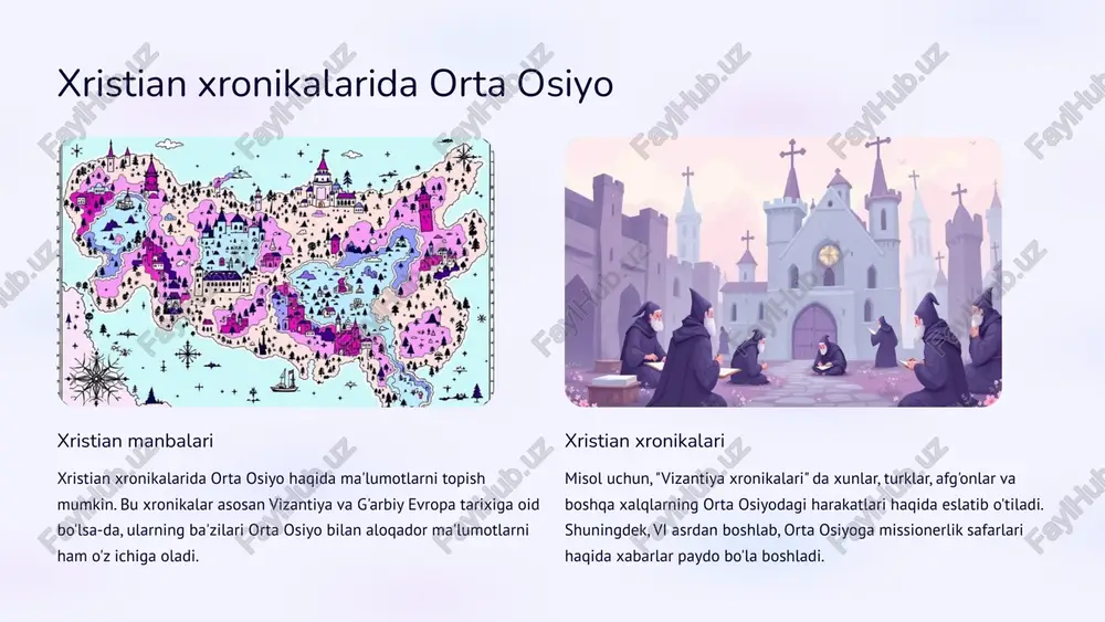 balarni tanqidiy tahlil qilish orqali tarixiy voqealarni chuqurroq tushunish mumkin. manbalarni tahlil qilishda quyidagi jihatlarga e'tibor qaratish kerak: manbaning muallifi muallifning shaxsiyati, maqsadlari va dunyoqarashi manbaning ishonchliligini baholashda muhim rol o'ynaydi. manbaning yozilish vaqti manbaning yozilish vaqti voqealarni tushunishda yordam beradi. manbaning turi manbaning turi (masalan, xronika, xat, sayohatnoma) uning ishonchliligini va ahamiyatini aniqlashda muhimdir. manbaning maqsadi manbaning yozilish maqsadi (masalan, tarixiy voqealarni yozib qolish, siyosiy maqsadlarni amalga oshirish) uning ishonchliligini baholashda muhimdir. bundan tashqari, manbalarni tanqidiy tahlil qilishda manba ichidagi ziddiyatlar, takrorlanishlar, xatoliklar va boshqa xususiyatlarni ham hisobga olish kerak. 11 xulosa va qayta ko'rib chiqish orta osiyo tarixiga oid yevropa manbalari orta osiyo tarixini o'rganishda yevropa manbalarining ahamiyati katta. bu manbalar bizga mintaqaning siyosiy, iqtisodiy, ijtimoiy va madaniy hayoti haqida qimmatli ma'lumotlar beradi. manbalarning xilma-xilligi antik davrdan tortib hozirgi kungacha bo'lgan davrni qamrab oladigan yevropa manbalari, tarixiy xronikalar, sayyohlar va elchilarning hisobotlari, seyahatnomalar, ilmiy asarlar va boshqa ko'plab …