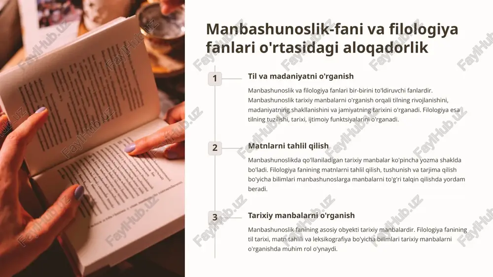 sifatida baholash, ularning haqiqiyligiga ishonch hosil qilish va ularni tarixiy tadqiqotlarda qo'llashga yordam beradi. 10 manbashunoslik-fani va paleografiya fani o'rtasidagi munosabatlar yozuv shakllari manbashunoslik fani tarixiy hujjatlarni o'rganishda, yozuv shakllari haqida ma'lumot olish uchun paleografiya faniga tayanadi. hujjatlarni sanash paleografiya fani yozuv uslublarini vaqt o'tishi bilan qanday o'zgarganligini o'rganadi, bu esa manbashunoslarga hujjatlarni vaqtga mos ravishda sanashga yordam beradi. til va lahjalar paleografiya fani yozuv uslublaridagi mintaqaviy farqlarni tahlil qiladi, bu esa manbashunoslarga o'sha davrda til va lahjalar haqida ma'lumot olishga yordam beradi. 11 manbashunoslik fanining boshqa fanlar bilan integratsiyasi va rivojlanishi ko'p tarmoqli tadqiqotlar manbashunoslik fanining boshqa fanlar bilan integratsiyasi yangi bilimlarni ochishga imkon beradi. masalan, tarix, etnografiya, arxeologiya va tilshunoslik kabi fanlar bilan birgalikda olib boriladigan tadqiqotlar manbalarni chuqurroq tushunishga va tarixni yanada aniqroq tiklashga yordam beradi. interdissiplinar yondashuv manbashunoslik fanining interdissiplinar yondashuvi o'quv jarayonini boyitadi va talabalarning kritik fikrlash qobiliyatini oshiradi. manbalarni tahlil qilish jarayonida turli fanlarning …