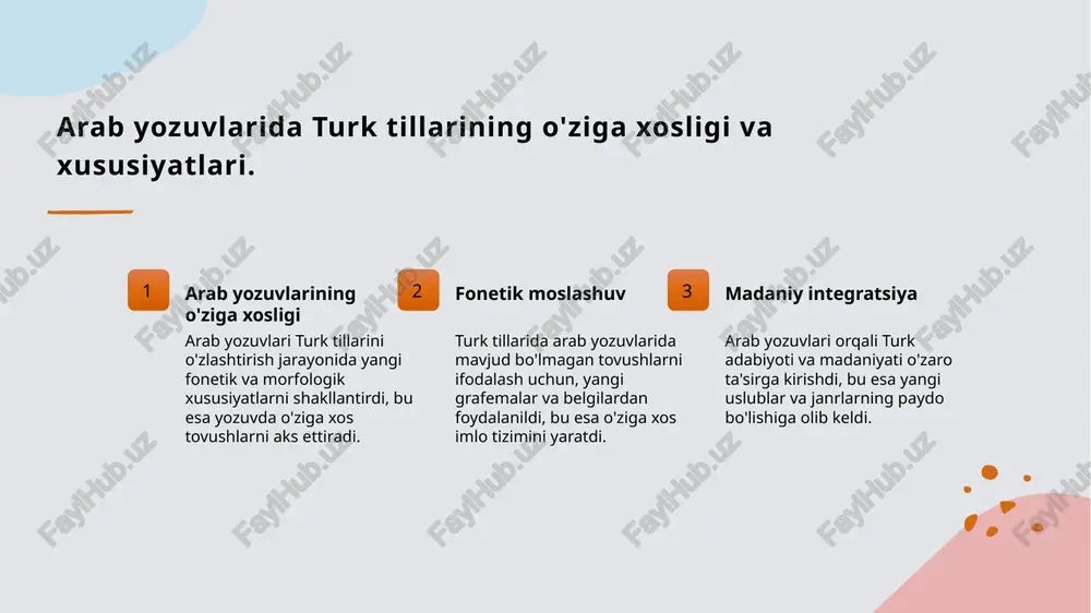 di. uning ta'siri, ijodiy uslub va madaniy qadriyatlarda sezilarli darajada aks etadi. arab yozuvi orqali o'zbek xalqining madaniy merosi. 01 o'zbek madaniyati arab yozuvi o'zbek madaniyatining muhim qismi bo'lib, u xalqning tarixiy an'analari va urf-odatlarini saqlashda muhim rol o'ynaydi. 02 yozma meros arab yozuvi orqali yaratilgan yozma asarlar o'zbekistonning tarixiy, madaniy va ilmiy merosini saqlab qolishda muhim ahamiyatga ega. 03 adabiyotdagi rol o'zbek adabiyotida arab yozuvi asarlarining o'ziga xosligi, poetik uslublar va mavzularda ifodalangan chuqur ma'nolar bilan ajralib turadi. 04 milliy qadriyatlar arab yozuvi o'zbek xalqining milliy qadriyatlarini, masalan, san'at, musiqa va an'anaviy hikoyalarni ifodalashda muhim vosita bo'lib xizmat qiladi. o'zbek she'riyatida arab yozuvidan foydalanish. 01 o'zbek she'riyatining tarixi arab yozuvi o'zbek she'riyatining rivojlanishida muhim ahamiyatga ega bo'lib, ko'plab klassik asarlarning yaratilishida qo'llanilgan. 02 arab yozuvi va shoirlar o'zbek shoirlari, masalan, alisher navoiy, arab yozuvidan foydalanib, o'z asarlarida ma'naviyat va san'atni boyitganlar. ular xalqning qadriyatlarini ifoda etishgan. 03 madaniy meros …