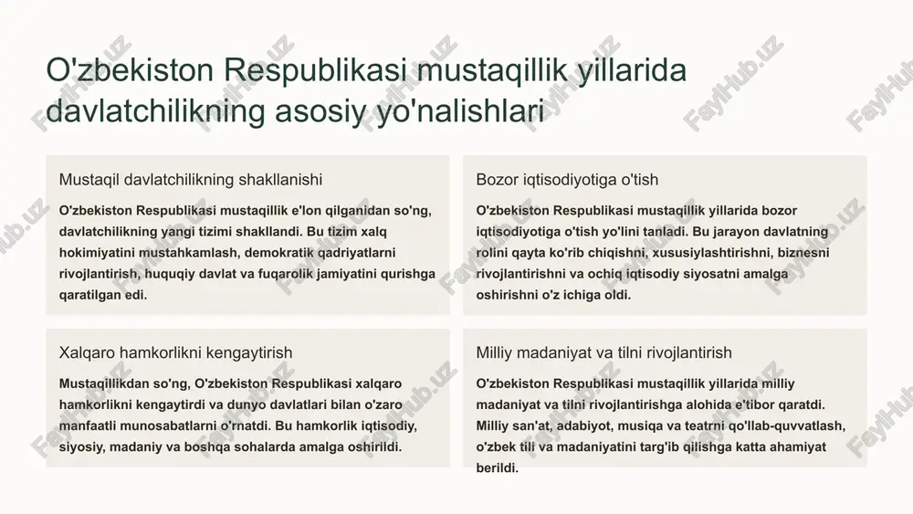 di va uni o'ziga xos qiladi. 7 davlat hokimiyati va boshqaruv organlari tizimining rivojlanishi 1 mustaqillik e'lon qilinishi o'zbekiston respublikasi mustaqillikka erishgach, davlat hokimiyati va boshqaruv organlari tizimi tubdan qayta ko'rib chiqildi. 2 konstitutsiya qabul qilinishi 1992-yilgi konstitutsiya davlat boshqaruvining demokratlashtirilgan tizimini joriy etishni ta'minladi. 3 oliy majlisning ikki palatali tizimga o'tishi 1995-yilda oliy majlis ikki palatali tizimga o'tkazildi, bu esa qonun chiqaruvchi hokimiyatni kuchaytirishga xizmat qildi. 4 boshqaruv organlarining takomillashtirilishi mustaqillik yillarida hukumat tizimi takomillashtirildi, vazirlik va idoralar tuzilmasi qayta ko'rib chiqildi. o'zbekiston respublikasi mustaqillik yillarida davlat hokimiyati va boshqaruv organlari tizimi demokratik printsiplar asosida shakllantirildi va rivojlandi. 8 qonunchilik va sud tizimining takomillashtirilishi qonun hujjatlari bazasini takomillashtirish mustaqillik davrida o'zbekistonda qonun hujjatlari bazasi tubdan isloh qilindi. konstitutsiya qabul qilindi, yangi qonunlar qabul qilindi va mavjud qonunlar takomillashtirildi. sud tizimining mustaqilligini ta'minlash sud tizimining mustaqilligi ta'minlandi, sud organlari faoliyatining samaradorligi oshirildi. sud-huquq tizimini isloh qilish bo'yicha qator choralar ko'rildi. …