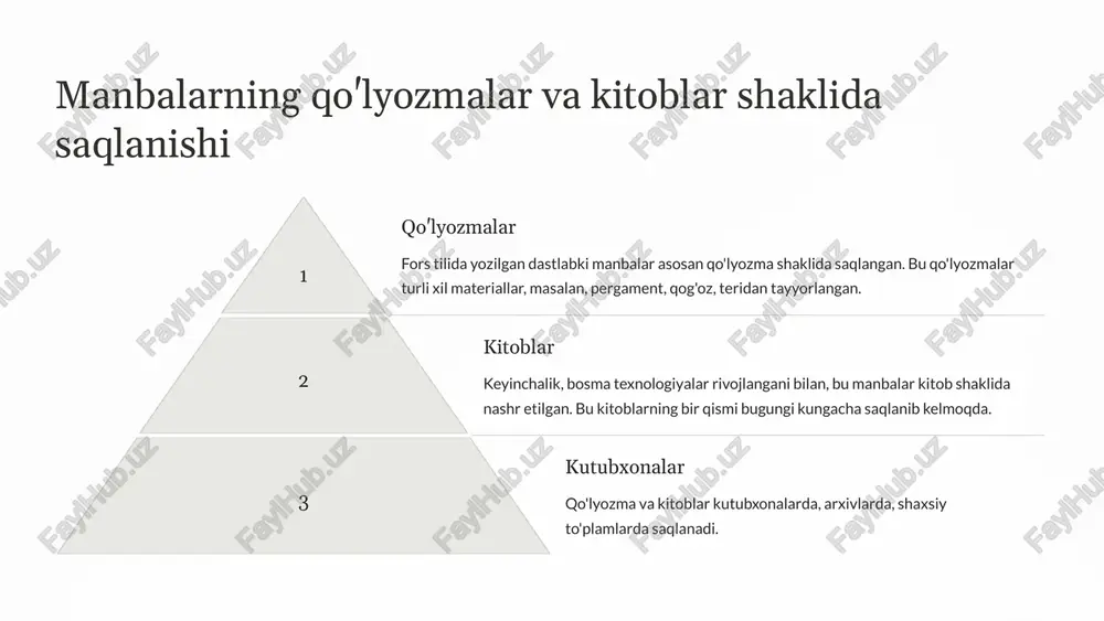 uslublar yordamida manbalarning tilshunoslik, tarixiy va madaniy jihatlarini chuqur o'rganishga intilmoqdalar. ushbu sohada yangi ilmiy kashfiyotlar va tadqiqotlar olib borilmoqda. 9 manbalarning o'rganilishi va tadqiq etilishi 1 tilshunoslik tahlili fors tilida arab yozuvida yozilgan manbalarni o'rganishda tilshunoslik tahlili muhim ahamiyatga ega. bu tahlil orqali manbalarni yaratilgan davrning lug'aviy xususiyatlarini, grammatik tuzilishini, imlo va uslubiy xususiyatlarini aniqlash mumkin. bu o'z navbatida, manbalarning tarixiy kontekstini va ma'lumotlarini aniqlashda yordam beradi. 2 tarixiy tahlil manbalarning tarixiy kontekstini o'rganish ularning yuzaga kelish sharoitlari, ijodkorlarining hayot va faoliyati, ijod davri va ijtimoiy-madaniy muhitini aniqlashga imkon beradi. bu esa manbalarning mazmunini to'liqroq tushunish va ularni tarixiy manba sifatida baholashga yordam beradi. 3 adabiy tahlil manbalarning adabiy tahlili ularning janri, uslubi, kompozitsiyasi, obrazlar tizimi va badiiy xususiyatlarini o'rganishga qaratilgan. bu tahlil orqali manbalarni adabiy merosdagi o'rni va ahamiyatini aniqlash, ularning badiiy qadriyatini baholash mumkin. 10 manbalardan foydalanish va ulardan olinadigan natijalar 1 tarix fors-tilida yozilgan asarlar o'zbekiston …