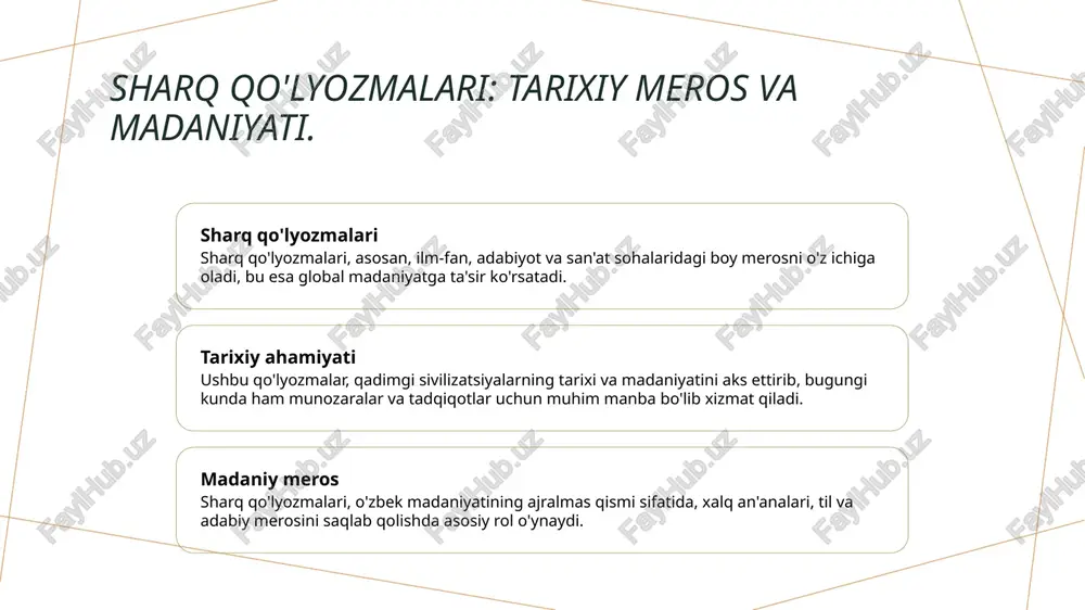 amoyon etadi. ular tarixiy bilimlarni, san'at va ilmiy yutuqlarni saqlaydi. 2 tarixiy kontekst sharq qo'lyozmalari, o'z vaqtida yaratilgan, zamonning madaniy va ilmiy rivojlanishini aks ettiradi. ular o'tmishdan kelajakka ko'prik vazifasini o'ynaydi. 3 innovatsiyalar va ta'sir o'zbek qo'lyozmalari ilm-fanda innovatsiyalarni keltirib chiqarib, global sivilizatsiyaning rivojlanishiga ulkan hissa qo'shgan. ular bilimlarni tarqatishda muhim rol o'ynaydi. o'zbek qo'lyozmalari: ilm-fanda innovatsiyalar va ularning ta'siri. 1 o'zbek qo'lyozmalari o'zbek qo'lyozmalari ilm-fan va madaniyat rivojida muhim rol o'ynaydi, asrlar davomida bilimlar va an'analarni saqlab kelmoqda. 2 ilmiy innovatsiyalar o'zbek qo'lyozmalarida matematik, astronomik va tabiatshunoslikka oid muhim kashfiyotlar mavjud, bu esa ilm-fanning rivojlanishiga katta hissa qo'shdi. 3 madaniy ta'sir o'zbek qo'lyozmalari orqali sharq va g'arb madaniyatlari o'rtasida bilim almashuvi amalga oshdi, bu esa ilmiy hamkorlikni kuchaytirdi. 4 saqlash muammolari o'zbek qo'lyozmalarining saqlanishi muhim muammo bo'lib, ularni konservatsiya qilish va raqamlashtirish zarurati ilm-fanda yangiliklarni ta'minlaydi. madaniy meros sifatida sharq qo'lyozmalari: tarixiy ahamiyati va ta'siri. 1 sharq qo'lyozmalari - …