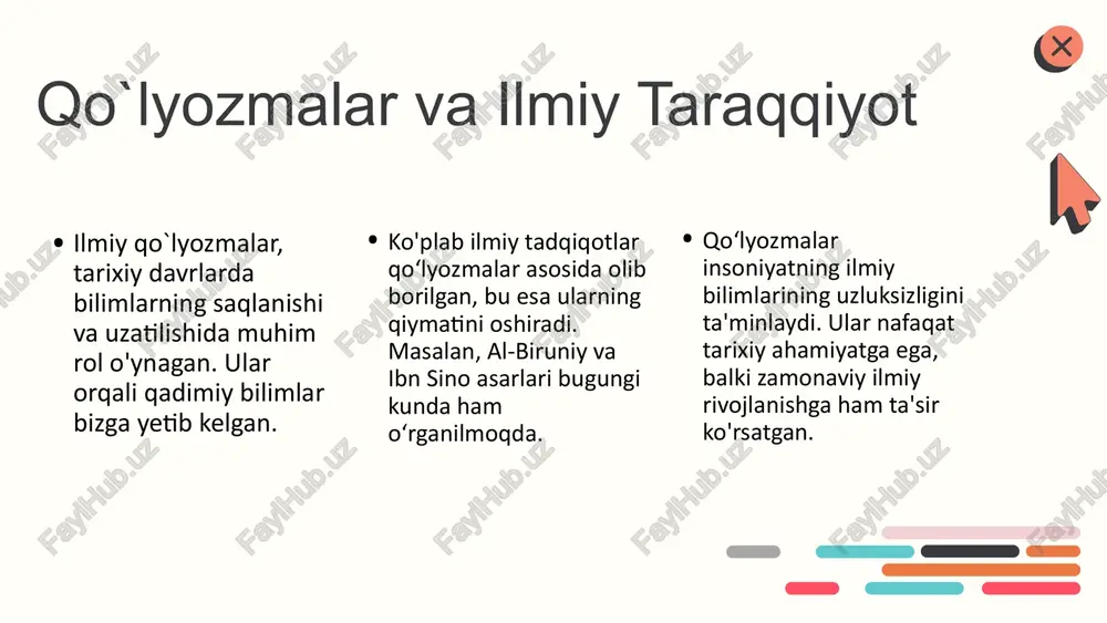 atilgan bo'lib, yozma madaniyatning asosini tashkil etgan. tarixiy davrlar bo'yicha, misr, yunoniston va rimda qo`lyozmalar juda mashhur bo'lgan. tarixiy davrlarda qo`lyozmalar muhim ilmiy va diniy asarlarni saqlashda yordam bergan. qo`lyozmalar rivojlanishi bilan bog'liq ravishda, qog'oz va siyohning kiritilishi, shuningdek, matbaachilikning paydo bo'lishi yozuv madaniyatini yangi bosqichga olib chiqdi. tarixiy jihatdan, qo`lyozmalar bilim va madaniyatni saqlashda muhim rol o'ynagan, shuningdek, ularning tarqalishi insonlarning fikr va g'oyalarini bir joyga to'plash imkonini bergan. * qo`lyozmalar va ularning ijtimoiy roli qo`lyozmalar ijtimoiy hayotda muhim rol o'ynaydi, chunki ular bilim va tajribani avloddan avlodga o'tkazadi. ular madaniyat va an'analarni davom ettirishda katta ahamiyatga ega, shuningdek, ijtimoiy o'zgarishlarga ta'sir ko'rsatadi. qo`lyozmalar: zamonaviy tadqiqotlar zamonaviy tadqiqotlar qo`lyozmalarni o`rganishda yangi usullarni va texnologiyalarni qo`llashni o‘z ichiga oladi. ushbu tadqiqotlar orqali qo`lyozmalarning tarixiy ahamiyati va ularning bilimga qo`shgan hissasi aniqlandi. qo`lyozmalar ilmiy izlanishlarga katta hissa qo`shadi, chunki ular tarix, madaniyat va fan sohalarida muhim ma'lumotlar manbai hisoblanadi. ushbu tadqiqotlar …