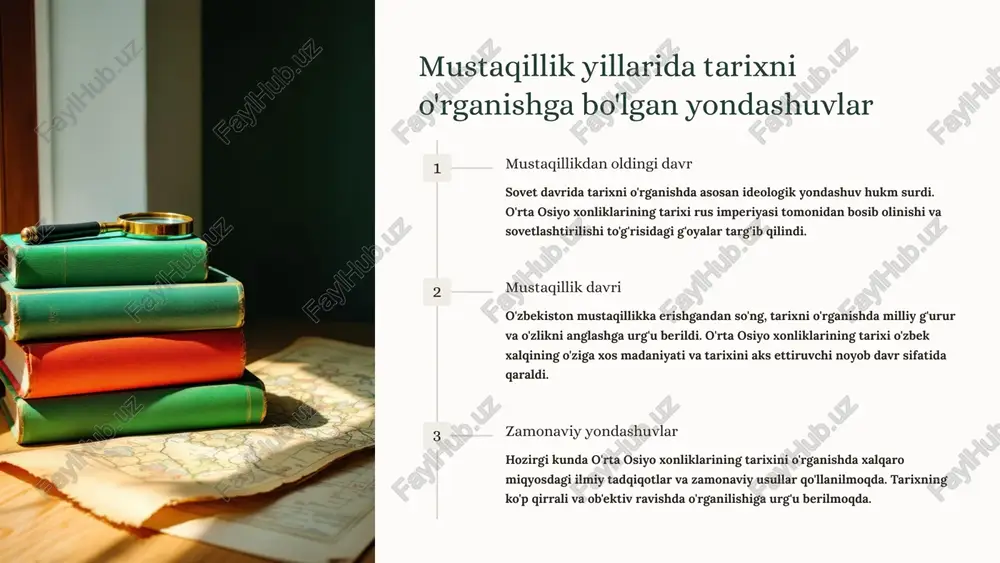 atlari haqida muhim ma'lumotlarni saqlab kelmoqda. zamonaviy tadqiqotlar qashqadaryo vohalari tarixini o'rganishga oid zamonaviy tadqiqotlar xonliklar davri tarixini chuqurlashtirish, ilmiy bazasini mustahkamlash va tarixiy hodisalarni yangi nuqtai nazardan tahlil qilish imkonini beradi. 9 mavjud tadqiqotlar va ularning ilmiy ahamiyati buxoro xonligi tarixiga bag'ishlangan tadqiqotlar mustaqillikdan keyin buxoro xonligi tarixini o'rganishga qiziqish sezilarli darajada oshdi. tadqiqotchilar xonlikning siyosiy, ijtimoiy va madaniy hayoti, shuningdek, uning mintaqaviy va xalqaro munosabatlaridagi rolini chuqurroq o'rganmoqdalar. qo'qon xonligi tarixiga bag'ishlangan tadqiqotlar qo'qon xonligi tarixini o'rganishda iqtisodiy, ijtimoiy va madaniy jihatlarga katta e'tibor qaratilmoqda. xonlikning ruslar bilan munosabatlari, qishloq xo'jaligi va savdo-sotiqning rivojlanishi, shuningdek, xonlikning madaniy merosini o'rganish kabi sohalarga alohida e'tibor qaratiladi. xorazm xonligi tarixiga bag'ishlangan tadqiqotlar xorazm xonligi tarixini o'rganishda uning geografik joylashuvi, savdo yo'llaridagi roli va xalqaro aloqalariga katta e'tibor beriladi. xonlikning madaniy merosini o'rganish, hunarmandchilik, arxitektura va san'at kabi sohalarni o'rganishni o'z ichiga oladi. 10 tarixni o'rganishga yangi yondashuvlar manbalarni kengaytirish hozirgi kunda …