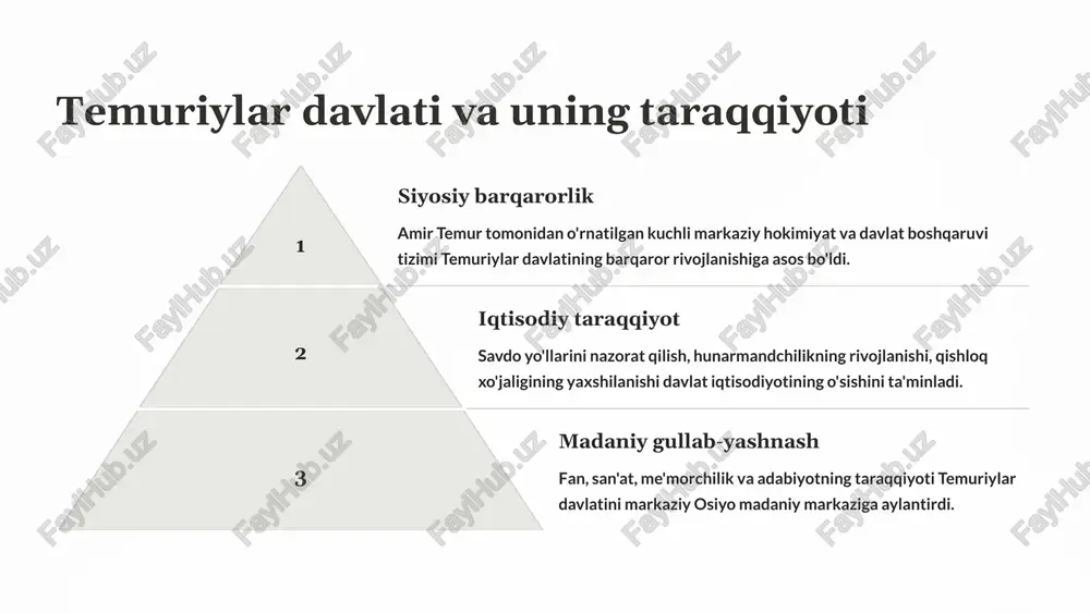 ga soladi. amir timurning o'zi ham san'atni juda qadrlagan va unga homiylik qilgan. u o'z davrida mashhur shoirlar, rassomlar, haykaltarosh va me'morlarni saroyiga yig'ib, ularning ijodini rag'batlantirgan. temuriylar davri adabiyoti ham o'ziga xos xususiyatlarga ega. bu davrda muhammad sohibuy, mirzo bedil, xoja ahror va boshqa ko'plab mashhur shoirlar ijod qilgan. ularning asarlari turli janrlarda yozilgan bo'lib, shu jumladan she'riyat, nasr, tarix va falsafa ham bor. temuriylar davrida rivojlangan san'atning boshqa turlari orasida musiqa, raqs, kashtachilik, zargarlik va kulolchilik ham bor. ularning asarlari hozir ham dunyo muzeylarida saqlanadi. 9 temuriylar davri harbiy siyosati va diplomatiyasi kuchli armiya temuriylar davri harbiy siyosati kuchli armiya tuzishga asoslangan edi. bu armiya mukammal tashkil etilgan va zamonaviy qurollar bilan jihozlangan edi. temuriylar o'z davlatlarini kengaytirish uchun janglarda muvaffaqiyatli ishtirok etishdi. diplomatik aloqalar diplomatiya temuriylar hukmdorlari uchun siyosiy maqsadlarga erishishning muhim vositasi edi. ular qo'shni davlatlar bilan diplomatik aloqalarni o'rnatish va saqlashga katta ahamiyat berishdi. xalqaro …