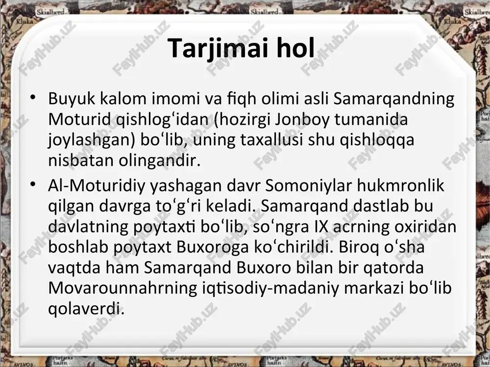slom olamida “musulmonlarning e`tiqodini tuzatuvchi” degan yuksak sharafga sazovor bo`ldi. mana shu ma`noda bu mo`tabar zot o`zining teran ilmi, pok e`tiqodi sabot va matonati bilan islom dining sofligi uchun kurashar ekan, kelajak avlodlarning manfaatlarini himoya qilgan, deb ishonch bilan aytishga haqlimiz. buyuk bobomizning o`z vatani oldidagi yana bir ulkan hizmati shundan iboratki, ulug` vatandoshimiz e`toqod ilmi – muqaddas dinimizni qanday tushunish va unga qanday amal qilish ta`limotini yanada rivojlantirdi. islom dining insonparvarlik mohiyatini xalqning milliy urf-odatlari, asriy an`analari bilan uyg`unlashtirdi. hazrati moturidiyning o`ninchi asrdayoq diniy g`oyarlarni g`arazli maqsadlar yo`lida qurolga aylantirish, mutaassiblik va johillik botqog`iga botib qolish qanchalik xatarli ekanligini aoslab bergani biz uchun ayniqsa muhumdir. alloma bobomiz: “din yo`lidagi barcha adashuvlarning bosh sababi riyokor kimsalarga ko`r-ko`rona ergashishdir”, degan edi. bu so`zlarning naqadar haqqoniy ekanligini,hanuz o`z ahamiyatini yo`qotmaganligini butun dunyoda ro`y berayotgan yuzlab voqealar misolida yaqqol ko`rib turubmiz ”. al-marg`inoniy burxoniddin marg’inoniy (to`liq ismi abulhasan ali ibn abubakr ibn abduljalil …