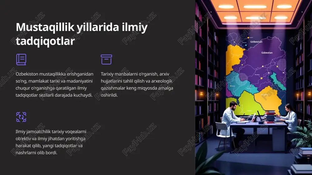 nganlik barcha tadqiqotlar manbalarga tayanib olib borilishi kerak, tekshiruvlar va xulosalar aniq isbotlanishi zarur. 3 milliy qadriyatlarni hurmat qilish o'zbekistonning tarixiy merosini himoya qilish va uni kelajak avlodlarga yetkazish muhimdir. 10 natijalar va kelgusi istiqbollar ilmiy salohiyatning oshishi mustaqillik yillarida olib borilgan tadqiqotlar o'zbek tarixini chuqurroq tushunishga va uning global kontekstda o'rnini aniqlashga yordam berdi. bu sohada ilmiy salohiyatni yanada oshirish uchun sharoitlar yaratildi. tarixiy manbalarni saqlash va o'rganish arxivlar va kutubxonalarda saqlanayotgan tarixiy manbalarni o'rganish va saqlashga katta e'tibor berildi. bu esa o'zbek tarixini chuqurroq va ishonchli o'rganish imkoniyatini beradi. xalqaro hamkorlikning kengayishi o'zbek tarixini o'rganishga oid xalqaro hamkorlik kuchayib, tadqiqotlarni jahon miqyosida tan olinishini ta'minladi. 11 xulosalar va tavsiyalar mustaqillik yillarida o'zbekiston tarixining ilmiy tadqiqotlariga bo'lgan e'tibor sezilarli darajada oshdi. bu jarayonda tarixiy manbalarning o'rganilishi, yangi yondashuvlarning joriy etilishi va xalqaro hamkorlikning rivojlanishi kabi omillar muhim rol o'ynadi. kelajakda o'zbekiston tarixini ilmiy jihatdan yanada chuqur o'rganish uchun quyidagi …