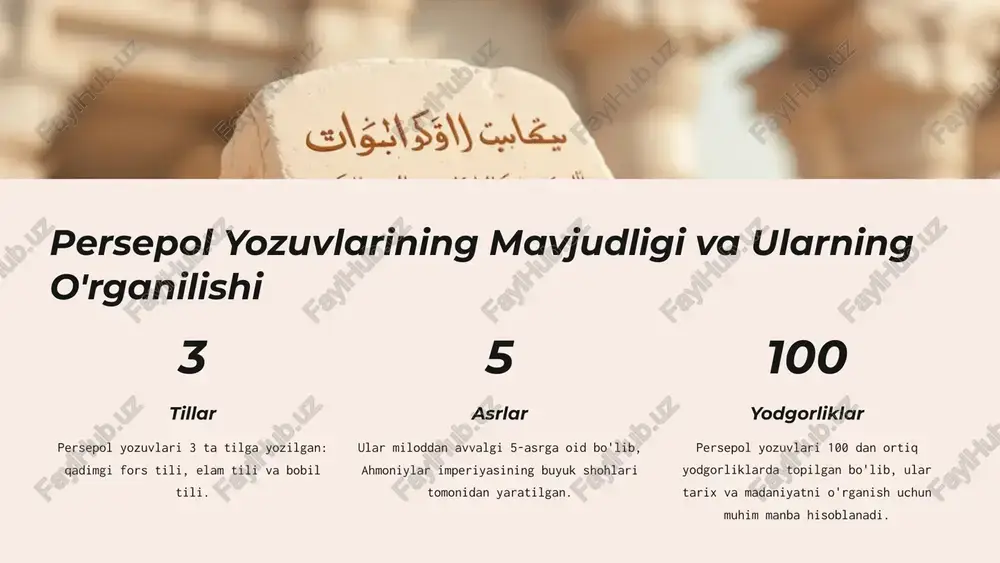 stik tahlil qadimgi fors tili bilan bog'liq bo'lgan muhim rol o'ynaydi. persepol yozuvlarini o'rganishda esa arxeologik topilmalar va tarixiy manbalar, jumladan behistun yozuvlari katta ahamiyatga ega. shu bilan birga, zamonaviy texnologiyalar yordamida yozuvlarning raqamli nusxalari yaratilmoqda, bu ularni o'rganish va tahlil qilishni osonlashtiradi. zamonaviy tadqiqotchilar qadimgi yozuvlarni o'rganish orqali qadimgi xalqlarning madaniyati, tarixi, tili va dunyoqarashi to'g'risida qimmatli ma'lumotlar olishadi. 11 xulosa va istiqbolli tadqiqotlar xulosa avesto va persepol yozuvlari qadimgi epigrafika yodgorliklari bo'lib, ular o'zbek xalqining boy madaniy merosiga guvohlik beradi. bu yozuvlar o'zbek xalqining qadimgi tarixi, tili va madaniyati haqida qimmatli ma'lumotlarni saqlab qolgan. ularning tadqiqi bizga qadimgi davrlarda o'rta osiyoda yashovchi xalqlarning hayoti va faoliyati to'g'risida tushuncha beradi. istiqbolli tadqiqotlar istiqbolli tadqiqotlar avesto va persepol yozuvlarini chuqurroq o'rganishga qaratilgan bo'lishi mumkin. bu tadqiqotlar quyidagi sohalarda olib borilishi mumkin: yozuvlarni to'liqroq talqin qilish va ularning mazmunini ochib berish yozuvlarning tili va grammatikasi haqida ma'lumot olish yozuvlarning tarixiy va …