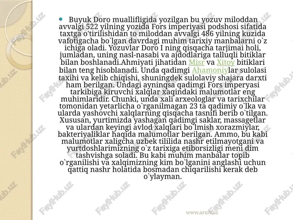 lardan iborat. uchinchi kitob, “vispart” deb nomlanadi va 24 bobdan iborat. u pand- nasihatlar yig’indisidan tashkil topgan. www.arxiv.uz epigrafika (yun.— bitik) — qattiq jismlar — tosh, metall, sopol va boshqalardagi, asosan, qadimiy va oʻrta asrlarga oid yozuvlar (bitiklar)ni toʻplash, nashr etish va sharhlash bilan shugʻullanuvchi yordamchi tarix fani. adabiyotda epigrafik yodgorliklar deb qadimiy bitiklar aytiladi. uygʻonish davrnda, antik va sharq tarixiga umumiy qiziqish kuchayishi munosabati bilan vujudga kelgan. dastlab epigrifika faqat italiya, gretsiya, shim. afrika va falastinda topilgan qadimiy yozuvlarni oʻrgangan (qarang paleografiya). qadimiy turkiy tillarga oid yozma yodgorliklar ham noyob epigrafik yodgorlik sanaladi (qarang urxun-yenisey yozuvlari). www.arxiv.uz www.arxiv.uz to’rtinchi kitob esa, “bundaxash” (yashta) deyiladi . bunda ahuramazdaning zolim kuchlarga qarshi kurashda ulug’lovchi 22 ta qo’shiqdan tashkil topgan.“ avesto”ko’p xudolikdan yakka xudolikga o’tish davrida vujudga kelgan. bu kitobda aytilishicha olam ikki asos, ikki ibtido, ya’ni yorug’lik va zulmat, yaxshili va yomonlikning kurashishidan iborat deyiladi. “avesto” bizning qadim tariximiz va ma’naviyatimiz …