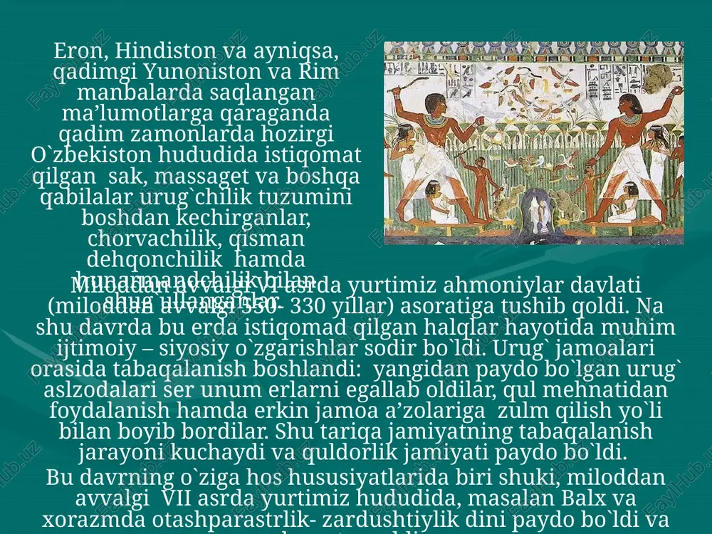sabz, kattaqo`rg`on, toshkent viloyati va xorazmning shimoliy qismi kirgan davlat tepasida jabg`u (xitoy manbalarida chaovu) miloddan avvalgi ii-i asrlarda farg`onada mustaqil davlat bo`lgan. adabiyotlar: 1. karimov i a vata sajdagoh kabi muqaddasdir 3 jild toshkent : o`zbekiston 1996 2. karimov i bizdan ozod va obod vatan qolsin 2 jild toshkent: o`zbekiston 1996 3. ahmedov b a o`zbekiston tarixi manbalari toshkent o`qituvchi 2001 image1.gif image2.jpeg image3.jpeg image4.jpeg image5.jpeg image6.jpeg image7.jpeg image8.jpeg image9.jpeg /docprops/thumbnail.jpeg mavzu: o'sta osiyo tarixiga oid eng qadimgi manbalar