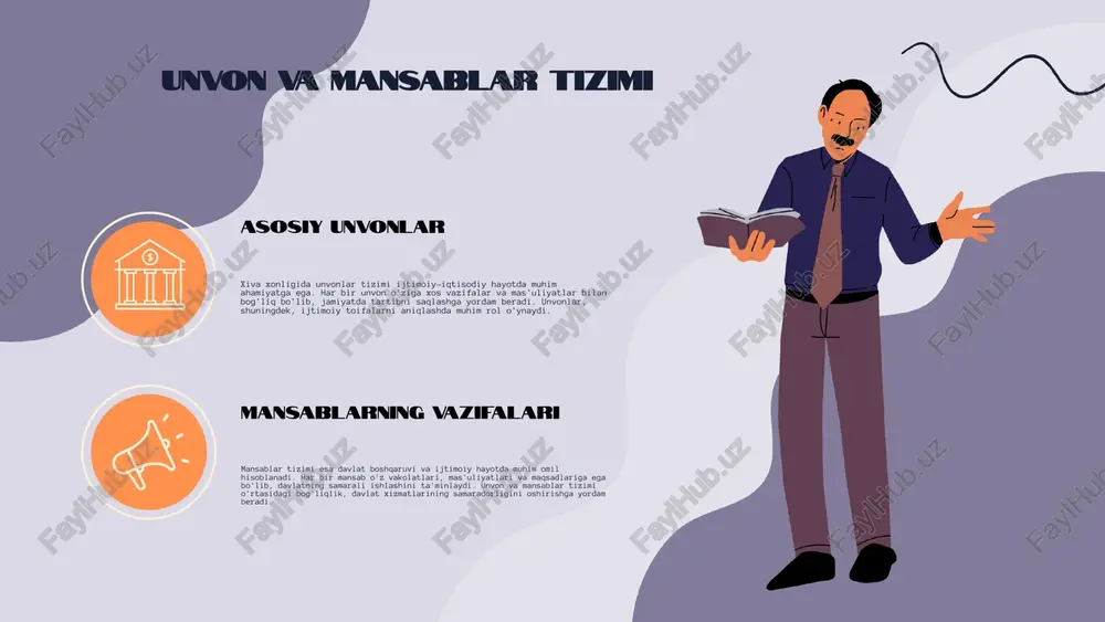 , iqtisodiy va siyosiy munosabatlarni shakllantirgan. unvonlar, shuningdek, ijtimoiy tadbirlar va marosimlarda ham muhim rol o'ynagan, bu orqali ijtimoiy birlashish va hamjihatlikni ta'minlagan. xiva xonligidagi unvonlar va mansablar tizimi xiva xonligining unvonlar tizimi: xiva xonligida unvonlar tizimi, siyosiy va ijtimoiy tuzilmani ifodalovchi muhim element hisoblanadi. unvonlar, xonlikning siyosiy va ma'muriy tuzilishida ahamiyatga ega bo'lgan shaxslarni belgilaydi. unvonlar va mansablarning o'zaro bog'liqligi: unvonlar va mansablar bir-biri bilan chambarchas bog'liq, chunki unvonlar mansablarning darajasini ko'rsatadi. har bir unvon, o'z navbatida, ma'lum bir mansabga ega bo'lgan shaxslar uchun belgilangan huquq va majburiyatlarni belgilaydi. tizimning ijtimoiy va siyosiy roli: xiva xonligidagi unvonlar va mansablar tizimi, ijtimoiy qatlamlarning tashkil etilishida va hukumatning samarali faoliyat yuritishida muhim rol o'ynadi. bu tizim, shuningdek, ijtimoiy adolatni ta'minlash va hukumatning barqarorligini saqlashga yordam berdi. o'rta asrlar va zamonaviy davrdan misollar: o'rta asrlarda xiva xonligida "xon" unvoni eng yuqori darajadagi unvon bo'lib, xonlikni boshqaruvchi shaxsni ifodalaydi. zamonaviy davrda esa, unvonlar …