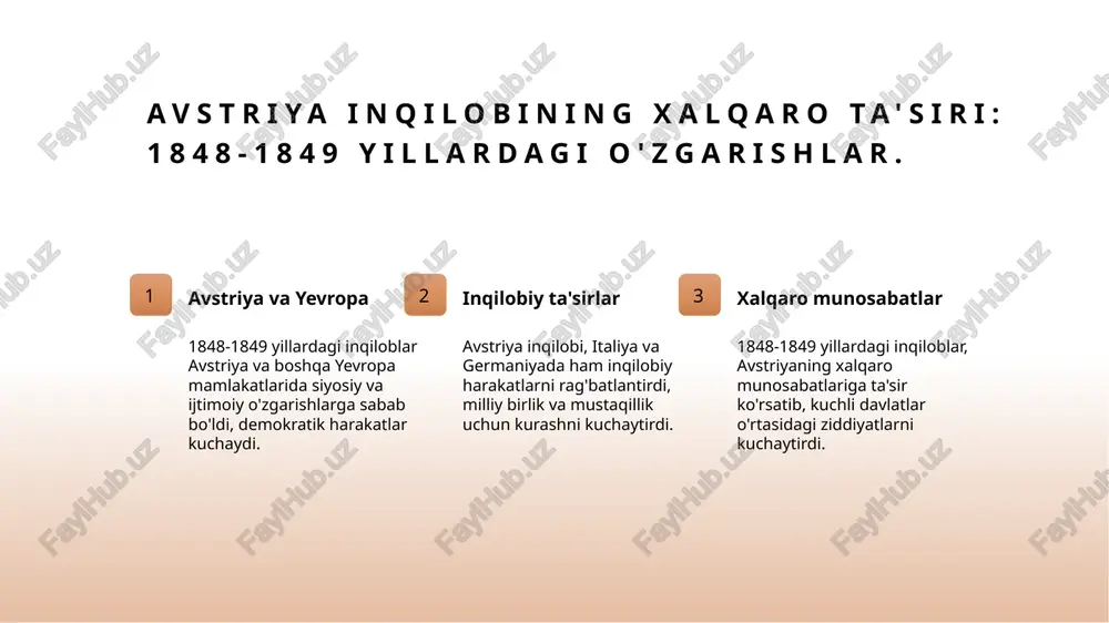 ib, san'at va adabiyotda yangi yo'nalishlar paydo bo'ldi. avstriya inqilobining xalqaro miqyosdagi ta'siri va oqibatlari. 01 xalqaro ta'sir 1848-1849 yillardagi avstriya inqilobi, evropaning boshqa davlatlaridagi inqilobiy harakatlarga ilhom berdi va qo'llab-quvvatladi. 02 ijtimoiy o'zgarishlar inqilob natijasida jamoatchilikda ijtimoiy tenglik va huquqlarni ta'minlashga qaratilgan talablar kuchayib, boshqa mamlakatlarga tarqaldi. 03 siyosiy islohotlar avstriya inqilobi, demokratik islohotlar va konstitutsion tuzumga o'tish jarayonlarida boshqa davlatlarga misol bo'lib xizmat qildi. 1848-1849 yil inqilobi va avstriyadagi demokratiya yo'lidagi o'zgarishlar. 1 demokratik talablar 1848-1849 yil inqilobida avstriyaliklar demokratiya, erkinlik va inson huquqlari uchun kurash olib bordi, yangi siyosiy tizim yaratish maqsadida. 2 siyosiy islohotlar inqilob davomida xalq inqilobiy kengashlar tashkil etib, monarxiya ustidan nazoratni oshirish va konstitutsiyaviy islohotlarni amalga oshirishga harakat qildi. 3 ijtimoiy o'zgarishlar inqilob ijtimoiy tenglikni ta'minlashga harakat qildi, ijtimoiy qatlamlar o'rtasidagi farqlarni kamaytirish va ishchilar huquqlarini himoya qilishga yo'naltirildi. xulosa avstriya inqilobining ahamiyati 1848-1849 yil inqilobi, avstriya siyosatidagi o'zgarishlar, ijtimoiy tenglik va demokratik …