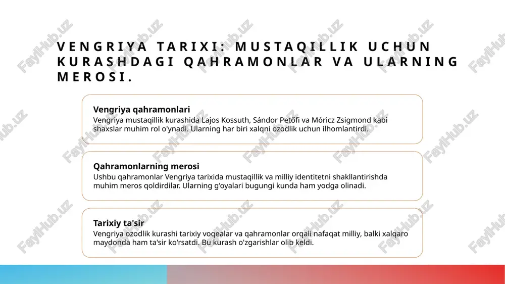 mokratik islohotlar, iqtisodiy rivojlanish va milliy birlikni o‘z ichiga oldi. kossuth, vengriya xalqi uchun mustaqil davlat yaratishni maqsad qildi. 4 miras va ta'siri kossuthning merosi bugungi kunda ham saqlanib qolmoqda. u vengriya milliy identitetining ramzi bo‘lib, ko‘plab avlodlarga ilhom bag‘ishlaydi. vengriya tarixida muhim shaxslar va ularning ta'siri. 1 lajos kossuth lajos kossuth, vengriya ozodlik harakatining muhim rahbari, 1848-yilgi inqilobda asosiy rol o'ynagan. uning g'oyalari milliy uyg'onishni rag'batlantirdi. 2 sándor petőfi sándor petőfi, taniqli shoir va inqilobchi, vengriya milliy g'oyasini ifodalovchi asarlarni yaratdi. uning "nemzeti dal" she'ri 1848-yilgi inqilobda ilhom manbai bo'ldi. 3 mihály károlyi mihály károlyi, vengriya mustaqillik harakatida muhim siyosiy lider sifatida tanilgan. u 1918-yilda mustaqil vengriya respublikasi hukumatini tuzdi, mintaqada o'zgarishlarni amalga oshirdi. xulosa 01 vengriya mustaqilligi tarixi vengriyaning mustaqillik yo'lidagi tarixi, xalqning ozodlik uchun kurashini, muhim voqealar va shaxslar bilan to'ldirilgan. 02 qahramonlar va meros vengriya ozodlik kurashidagi qahramonlar, masalan, lajos kossuth, xalq ruhini ko'tarib, milliy identitetni …