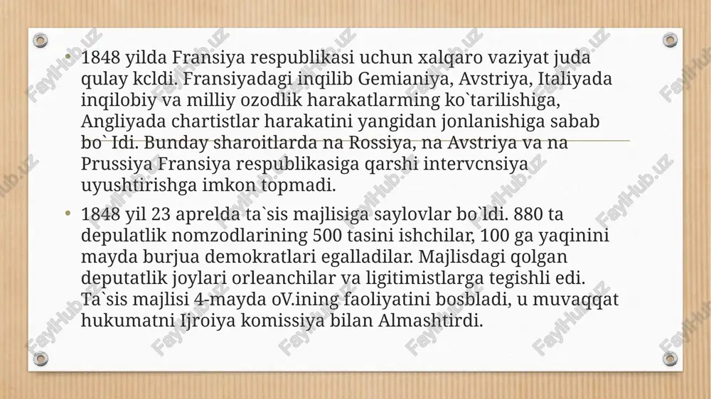 lli qo`zg`olon ko`tarildi. karl x mamlakatdan qochib keyinroq angliyaga borib yashirindi. 1830 yilning 27-29 iyul kunlari fransiyada inqilob g`alaba qildi. lui filip orleanskiy fransiya qiroli deb e`lon qilindi. 1830 yil inqilobi dvoryan monarxiyasini burjua monarxiyasi bilan almashtirish bilan nihoyasiga etdi. bu voqelik fransiya tarixiga "iyul inqilobi" nomi bilan kirdi. franlsiyada "1830 yil xartiyasi" nomi bilan yangi konstitutsiya joriy qilindi. matbuot va majlis erkinliklarining daxlsizligi e`lon qilindi. endi iyul monarxoyasiga respublikachi-demokratlardan iborat muxolifat eng katta xavf solaboshladi. iyul monarxiyasi yillarida fransiyada sanoat to`ntaruvining borish jarayoni jadallashdi. hunarmandchilik va manufaktiira ishlab chiqarishi o`z o`rnini yirik mashinalashgan sanoal ishlab chiqarishiga bera boshladi. sanoat to`ntaruvining borishi ishchilar, hunarmandlar, dehqonlar kabi mehnatkash xalq ommasini ahvolini yanada og`irlashtirdi. 1846-1847 yillarda fransiyada burjua monarxiyasi chuqur inqirozni boshidan kechirdi. 1847 yil mamlakatda iqtisodiy inqirozning boshlanishi yangidan inqilobiy vaziyatni tug`dirdi. fransiyaning ko`pchilik rayonlarida ochlik isyonlari boshlanib ketdi. 1848 yil 22 fevralda o`n minglab parij aholisi namoyishga chiqdi. tinch namoyish …
