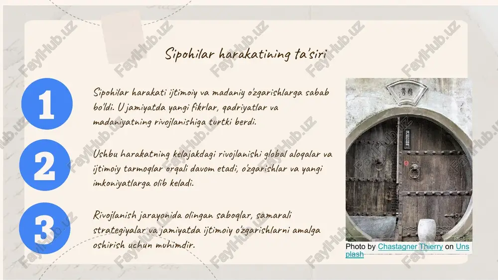 lajakda harakatning strategiyalari va yosh avlodning roli muhim ahamiyatga ega bo'ladi. photo by ibnu al rasyid on unsplash foydalanilgan adabiyotlar 1. abdullaeva, g. m. sipohilar harakatining kelib chiqishi va rivojlanishi: o'zbekiston tarixida ahamiyati. o'zbekiston milliy universiteti, 2022 2. olimova, r. a. sipohilar harakatining ijtimoiy ta'siri va madaniy o'zgarishlar. o'zbekiston tarixi journal, 2023 3. tursunov, a. sipohilar harakati va ijtimoiy o'zgarishlar: tahlil va istiqbollar. o'zbekiston ijtimoiy fanlar akademiyasi, 2021 4. qodirova, l. sipohilar harakati va uning kelajakdagi istiqbollari. o'zbekiston xalqaro konferensiyasi, 2022 5. saidov, m. sipohilar harakatining strategiyalari va ijtimoiy ta'siri. ijtimoiy tahlil va rivojlanish journal, 2023 e'tiboringiz uchun rahmat! image1.png image5.png image6.jpg image7.jpg image9.png image4.png image12.jpg image3.png image13.jpg image8.png image14.jpg image15.jpg image16.jpg image10.jpg image17.jpg image11.png eer : jour oy a fo gor, : de fire feu, 0 ae ye, oe at ¢ hoax ene y fet yea x. aut ery i fer yeu, o hoe yore, x7 gre ee? oe …