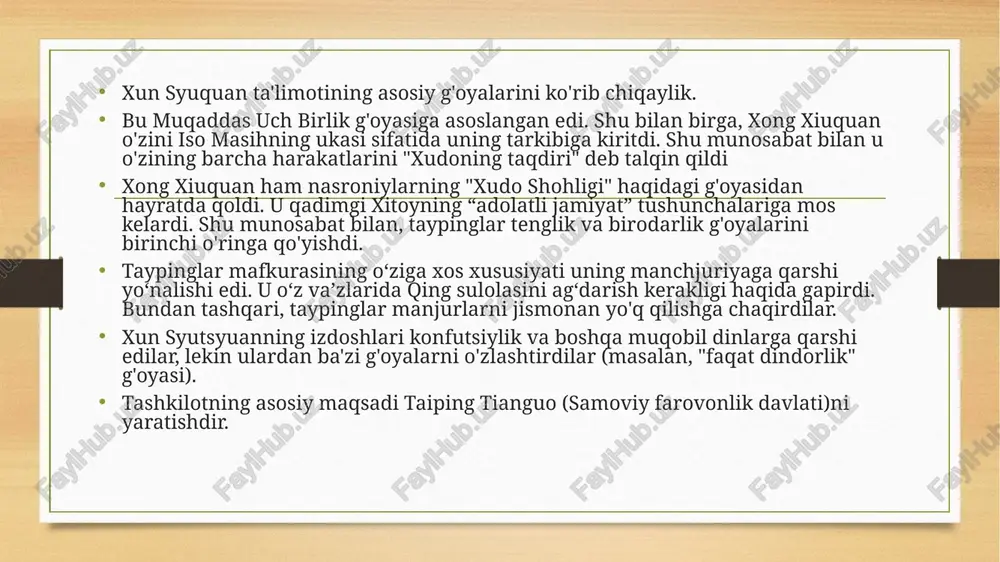 ashtirishni talab qilishgan). aholining asosiy qismi dehqonlar edi. ularning talablari odatda hukumat tomonidan qondirildi. xun syutsyuan nominal davlat boshligʻi hisoblanar edi, biroq aslida butun hokimiyat “sharqiy shahzoda” va “xudoning xabarchisi” yang ssiuqing qoʻlida edi. 1853 yilda "samoviy sulolaning er tizimi" deb nomlangan eng muhim hujjat nashr etildi. darhaqiqat, bu yangi tashkil etilgan taypin davlatining konstitutsiyasiga aylandi. bu qonun nafaqat agrar siyosat asoslarini, balki mamlakat boshqaruv tuzilmasining asosiy tamoyillarini ham tasdiqladi. samoviy sulolaning er tizimi harbiylashtirilgan patriarxal jamoalarni tashkil etishni ta'minlagan. shunday qilib, har 25 dehqon oilasi alohida jamoani tashkil qilgan. har bir oiladan bir kishi harbiy xizmatni o‘tashi kerak edi. 1850-yilning yozidan boshlab taypinglar orasida "muqaddas omborxonalar" deb ataladigan tizim tashkil etilgan. ulardan isyonchilar va ularning oilalari oziq-ovqat, pul va kiyim-kechak oldi. "muqaddas omborxonalar" urush o'ljalari hisobiga to'ldirildi. shu bilan birga, taypin shtatida xususiy mulk taqiqlangan edi. taypin davlatining yangi konstitutsiyasi, aslida, dehqonlarning tenglik va er egalarining yirik yer egaliklarini …
