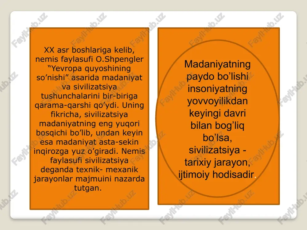 rni bildiradi. bu uch belgi taraqqiyot uchun turtki bo`lgan aloqalar tizimi vositasida ma`lum jamiyatda sodir bo`lgan ijtimoiy hamda siyosiy jarayonlar bilan birlashib tarixiy sivilizatsiyalar madaniyatining cho`qqisini tashkil etadi. shuningdyek bu belgilar, sivilizatsiyani avvalambor, madaniy majmua sifatida belgilaydi. shaharlar haqidagi mavjud ma`lumotlar tahlili shuni ko`satadi-ki, u yoki bu shahar mavjudligi davomiyligining muhim sharoitlari yoki maqomi ularda turli davrlarga oid qalinligi 20 myetrgacha boradigan boy madaniy qatlamlarning mavjudligi, shahar tizimining bir rivojlanish bosqichidan ikkinchisiga o`tishdagi ma`lum tuzilishi: dastlabki manzilgoh yoki manzilgohlar guruhi -shaharmonand- ilk shahar antik davr rivojlangan shahari ( bu davr shaharlari- ark- qal`a, shaharning o`zi, shahar atrofidan iborat bo`lgan) kabilar bilan izohlanadi. kyeyinroq o`rta asrlar shaharlari tuzilishi jihatidan murakkabroq bo`lib-ko`handiz - ark, shaharning o`zi (madina yoki shahriston) ayrim hollarda, shahri birun (ichki shahar), shahri darun (tashqi shahar), shuningdyek, savdo- hunarmandchilik shahar oldi-raboddan iborat edi. tarix o`zining ildizlari bilan uzoq moziyga borib taqaladi. inson ongli ravishda xatti harakat qila boshlagach, o`z …