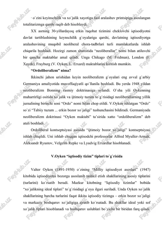 ratib ko`rsatadi. bu shakllar ideal yoki sof xo`jalik tiplari hisoblanadi va boshqaruv uslublari bo`yicha bir biridan farq qiladi. birinchi xo`jalik tipida buyruq berishga, o`z hukmini o`tkazishga hech kimning haqi yo`q. ikkinchisida – barcha qarorlar yuqoridan qabul qilinadi, demak o`z-o`zidan yuzagi kelish holatlari bo`lmaydi. oykenning keyinchalik qayd qilishicha, real voqelikda bunday ideal xo`jalik tiplar amal qilmaydi. shuning uchun “xo`jalikning ideal tipi” tushunchasi bilan birga, u iqtisodiy hayotda doimo amal qiladigan “xo`jalikning real tipi” tushunchasini kiritadi. lekin har xil iqtisodiy tizim xo`jalikning ideal tipiga intiladi. bu yerda xo`jalik tiplari nima bilan aniqlanadi degan savol tug`iladi. buning sababi, oykennnig fikricha, mamlakatning milliy-mintaqaviy xususiyatlariga, ya’ni an’ana, urf-odat, ahloq, din, madaniyat darajasi, odamlar ongining shakllanishi va shu kabilardan kelib chiqadi. boshqacha aytganda xo`jalik tiplari xalqning o`z tanloviga bog`liq. oykenning fikriga ko`ra, ibtidoi jamoa, quldorlik, feodal yer egaligi, totalitar davlatlar, shu jumladan sotsialistik iqtisodiyot markazdan boshqariladigan xo`jalikka intiladi. xalq qancha madaniyatlashgan bo`lsa, u shuncha markazlashtirilmagan iqtisodiyotni …