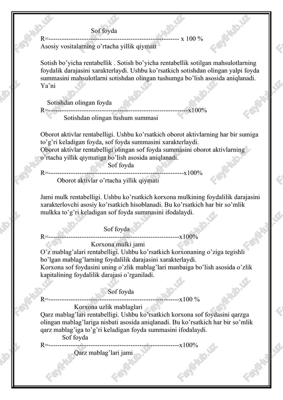 keladigan foyda summasini xarakterlaydi. sof foyda r=------------------------------------------------------------x100% asosiy va oborot mablag’lari o’rt.yil. kiym. iqtisodiyotni erkinlashtirish sharoitida xo’jalik yurituvchi sub’ektlarning debitorlik va kreditorlik qarzlarini o’rganishning ahamiyati, tahlil vazifalari va axborot manbai korxonalar o’rtasida bo’ladigan, shuningdek, kredit tashkilotlari va nazorat tashkilotlari o’rtasidagi hisob kitoblarda to’lovlar bo’yicha kechiktirilgan vaqt bo’yicha farqlanishlar kelib chiqadi. bunda korxona tomonidan to’lanishi lozim bo’lgan majburiyatlar kreditorlik majburiyatlari, olinishi lozim bo’lgan majburiyatlar esa debitorlik majburiyatlar hisoblanadi. debitorlik va kreditorlik majburiyatlariga quyidagicha sharx berish mumkin. qarshi tamonga to’lanishi lozim bo’lgan majburiyatlar kreditorlik majburiyatlari, qarshi tamondan olinishi lozim bo’lgan majburiyatlar debitorlik majburiyatlari deyiladi. debitorlik va kreditorlik majburiyatlari hisob kitoblarning doimiy yo’ldoshi hisoblanadi. lekin ularning to’lov muddatining oshib ketishi korxonalar moliyaviy ahxvoliga katta ta’sir o’tkazadi. shu maqsadda korxonalar faoliyatini yuritishda debitorlik va kreditorlik majburiyatlarini to’g’ri boshqarish masalasiga alohida ahamiyat beriladi. muddati o’tgan debitorlik majburiyatlarining oldini olish bevosita davlat nazorati va e’tiboridagi masala ham hisoblanadi. negaki, korxonalar va tashkilotlar o’rtasida bo’ladigan o’zaro munosabatlarda …