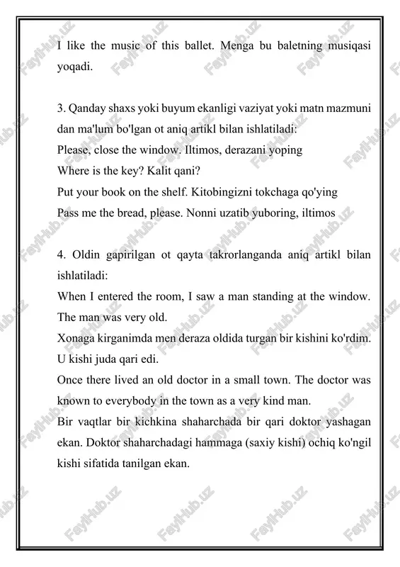 z ishlatiladi: when do you usually have lunch? odatda siz qachon tushlik qilasiz? 6. hafta kunlari nomlari oldida artikl ishlatilmaydi: it's sunday today. bugun - yakshanba. 8. orqasidan sanoq son kelgan otlar oldida artikl ishlatilmaydi: we're studying lesson 7. biz yettinchi darsni o'rganayapmiz. please, open your books to page 25. kitoblaringizni 25-betini oching. are you doing the problems on page 36? 36-betdagi masalalarni yechayapsizlarmi? 9. home oti at predlogi bilan kelganda artiklsiz ishlatiladi: is ann at home now? anna hozir uydami? 10. o'quv fanlari va fan sohalari nomlari oldida artikl ishlatilmaydi: i'm doing mathematics now. men hozir matematikani bajarayapman. 11. play fe'lidan keyin kelgan sport o'yinlari nomlari oldidan artikl ishlatilmaydi: he is playing chess. u shaxmat o'ynayapti. can you play the guitar? gitara chala olasizmi? 12. atoqli otlar oldida artikl ishlatilmaydi: tashkent, asia, olimov, john smith. 13. atoqli ot oldida mansabni yoki muomala shaklini ifodalovchi turdosh ot kelganda artiklsiz ishlatiladi: …