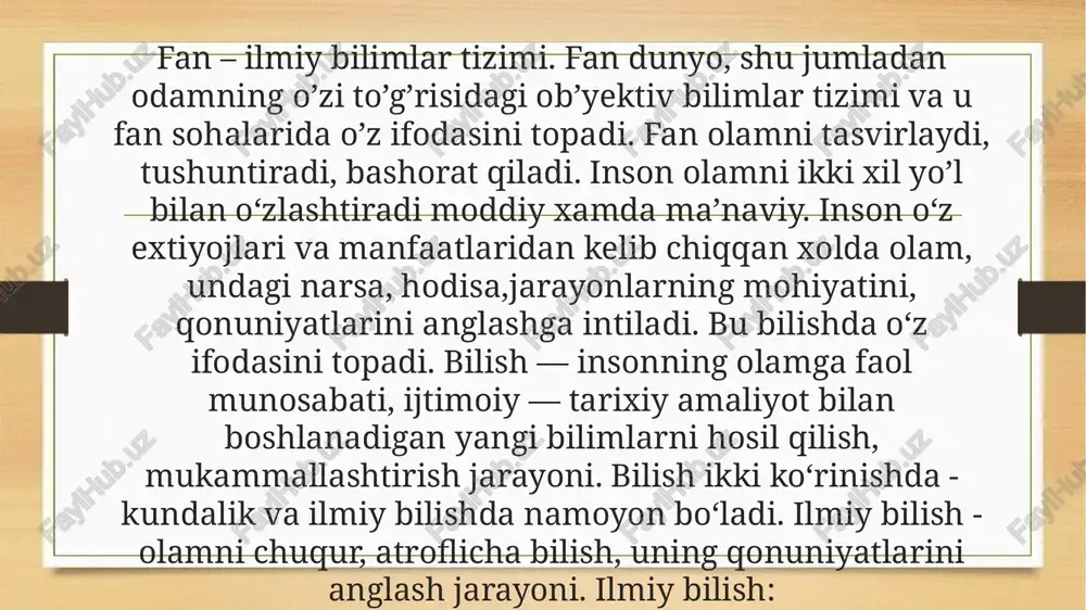 boshladi,unda koʻpdan koʻp yangi soxalar shakllandi.mikrobiolgiyada klonlashtirish yoʻnalishi paydo boʻldi; evolyusionximiya yuzaga keldi. xisoblash texnikasi, boshqarishning avtomatik tizimlari (asu), yangi ilmiy soxalar - mikroelektronika, nanotexnologiya shakllandi. postnoklassik fanning oʻziga xos jixatlari:- xozirgi zamon fani olamga, uni oʻrganishga yangicha munosabat shakllanishi;- ilmiy bilimlarning ijtimoiy xayotning barcha soxalariga jadalsur’atlar bilan tatbik etilishi;- ilmiy tadqiqot faoliyati xarakteridagi tub sifat oʻzgarishlar:- ilmiy bilimlarni xosil qilish, saqlash, qayta ishlashning yangi usul va vosita (kompter texnolognyasi, internet tizim)larining yuzaga kelishi. 3. fanlar klassifikatsiyasi fanlar klassifikatsiyasi.o’rganish ob’yektiga ko’ra fanlar uch turga bo’linadi: 1.tabiat haqidagi fanlar; 2. jamiyat haqidagi fanlar; 3. tafakkur haqidagi fanlar. ilmiy bilimlar bilan amaliyot orasidagi aloqadorlikka ko’ra fanlarni ikki guruhga ajratish mumkin. 1.fundamental fanlar (falsafa, nazariy fizika, astronomiya…); 2.amaliy fanlar (mexanika, elektrodinamika, biotexnologiya…). hozirgi zamon fanlari:- ijtimoiy – gumanitar ifanlar;- tabiatshunoslik fanlari;- texnika fanlari nazarda tutiladi; eslatma:matematika fani alohida turkum hisoblanadi. etiboringiz uchun rahmat image3.png image4.png /docprops/thumbnail.jpeg fan klassifikatsiyasiyasini tuzish reja: 1.fanning mohiyati. 2.fan …