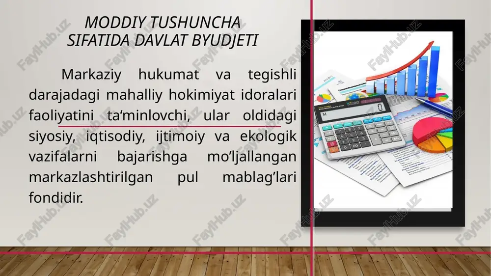 ydigan bozor kuchlarining salbiy ta’sirini bartaraf etadi. moddiy mazmun jihatidan, davlat byudjeti - davlatning byudjet rejasini ijro etish jarayonida tashkil topadigan va foydalaniladigan asosiy markazlashtirilgan pul mablaglari jamg‟armasidir. mohiyat jihatidan, davlat byudjeti - davlat boshqaruvining muhim vositasi bo’lib, uning yordamida davlat takror ishlab chikarish jarayonlariga ta‟sir ko’rsatadi, inson irodasiga buysunmaydigan bozor kuchlarining salbiy ta’sirini bartaraf etadi. public budgeting systems nomli qo’llanmada ―davlat byudjeti nima? deb qo’yilgan savolga ―sodda qilib ta‘riflaganda, byudjet - bu tashkilotning (masalan, oila, korporatsiya, hukumat) moliyaviy holati va kelgusi rejalarini, ya‘ni daromadlar, xarajatlar rejasi, maqsadlar va natijalar to’g’risidagi ma‘lumotlarni o’z ichiga oluvchi hujjat yoki hujjatlar yig’indisi , deb ta‘rif berilgan. retrospektiv xarakterga ega bo’lgan, ya‘ni o’tgan davr ma‘lumotlarini aks ettirishga asoslangan buxgalteriya hisobotidan farqli o’laroq, (garchi byudjet ishlab chiqilayotganda byudjetning o’tgan davrdagi daromadlari va xarajatlari ijrosining buxgalteriya hisobi ma‘lumotlaridan foydalanilsada) byudjet – kelgusida kutilayotgan daromadlar, xarajatlar va natijalarni ko’rsatuvchi perspektiv hujjat hisoblanadi. iqtisodiyotni tartibga solish va boshqarish …