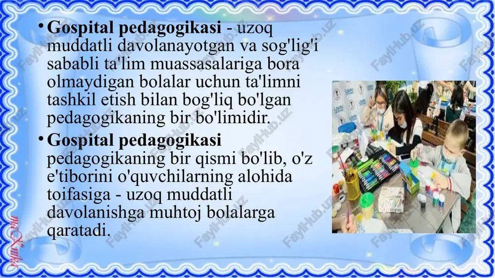 ijobiy munosabatda bo'ladi gospital pedagogikasining tamoyillari: 1. har bir kasal bolaga individual yondashish. 2. shaxsning psixologika xususiyatlarini hisobga olish. 3. kasal bolani o'qitish jarayonida har tomonlama yordam berish. 4. samarali reabilitatsiya qilish maqsadida tibbiy-psixologik va pedagogik korreksiya o`tkazish. terapevtik pedagogikaning tamoyillari: • ko`tarinki kayfiyat bilan davolash; • bolalar salomatligiga ruhiy omillarning ta'sirini hisobga olish; •individual yondashuv; • dam olish bilan uyg'unlashgan kuchli faoliyat printsipi; • tibbiyot va pedagogik kadrlar ishining birligi xushmuomalalik bilan muomalada bo`lish. 1. do'stona bolalar jamoasi tengdoshlar bilan muloqot qilish quvonchini keltiradi. 2. faol rejimni saqlash, o'yinlar, o'yin-kulgilar va bayramlar bilan to'ldirilgan bo'sh vaqtni tashkil qilish. darsda jismoniy mashqlar va tanaffuslarda faol o'yinlarda o'tkazish. 8-mart, "abc bilan xayrlashish" va hokazo bayramlarga tayyorgarlik ko'rish. 3. har tomonlama estetik tarbiyani amalga oshirish. estetik terapiya hududni va interyerni obodonlashtirish va badiiy dizaynni o'z ichiga oladi. go'zallik xulq-atvorda ham, odamlar o'rtasidagi munosabatlarda ham namoyon bo'ladi. terapevtik ta'sir bilan birga estetika axloqiy …