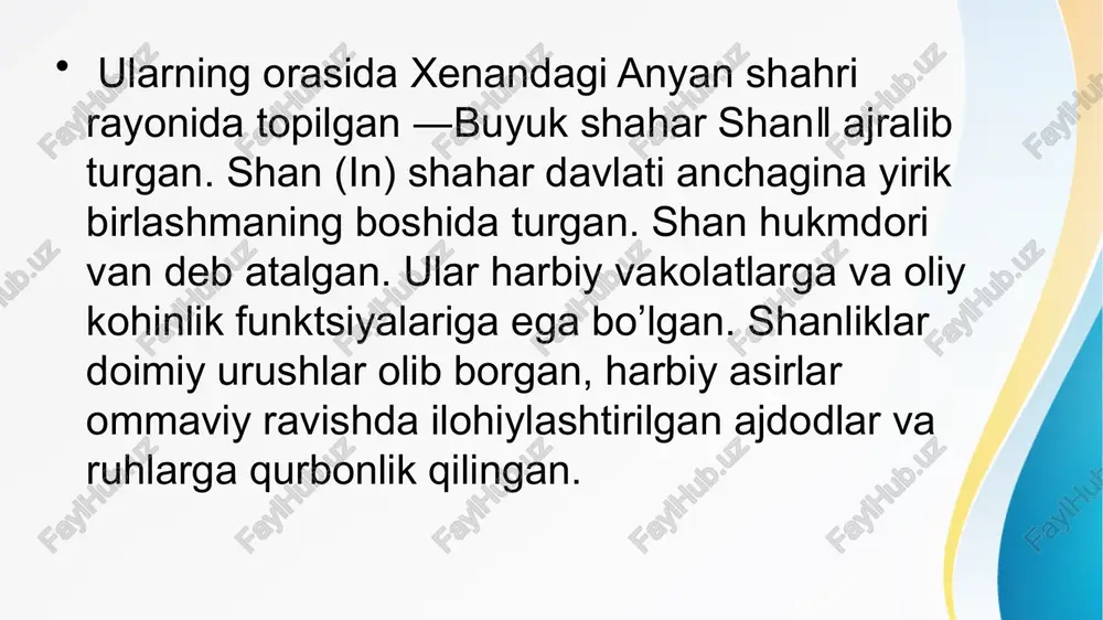 kar, fil va maxluqlarning tasvirlari bilan bezaganlar. xitoyda me’morchilik me'morchilik qadimgi xitoy sanatining bir turidir. uning kelib chiqishi xitoy tarixining uzoq òtmishiga borib taqaladi. me’morlar ajoyib saroylar, ibodatxonalar, ma’muriy binolar va harbiy istehkomlar qurganlar. xitoyning qadimgi xao sanyan, dalyan, tn, shouchun, chanan kabi yirik shaharlarida kòpdan kòp saroylar, ibodatxonalar bòlganki, uni xitoylik ustalar ishlaganlar qadimgi xitoy adabiyoti eng qadimgi xitoy she’riyati namunalari m.a. xi-vi asrlarda jez ko’zalardagi yozuvlarda yetib kelgan. ―qo’shiqlar kitobi‖ qadimgi xitoy adabiyotining haqiqiy xazinasidir. bu yodgorlik 4 bo’limga bo’lingan («podsholik ahloqi», «kichik odalar», «buyuk odalar», «madhiyalar») 305 poetik asarlar majmuasidan iborat. musiqa, poeziya va raqs kabi san’at janrlari xitoyda yuqori darajada shakllangan xitoyda ilmiy bilimlar rivoji qadimgi xitoyda ilmiy bilimlar, ayniqsa, matematika rivojlangan. m.a. ii asrda to’qqiz kitobdan iborat «matematika» traktati tuzildi. matematika bilan yonma-yon astronomiya fani ham rivojlandi. m.a. 104-yilda bir yil 365,25 kunga tengligi hisoblab chiqildi va kalendar ishlab chiqildi. qadimgi xitoyda tibbiyot sohasida katta …