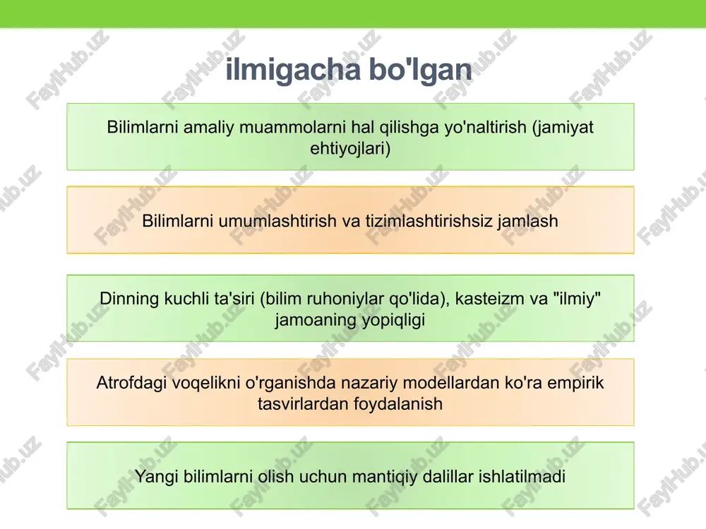 mi? klassik bo'lmagan fanning xususiyatlari nisbiylik (nisbiylik) evolyutsion yondashuv o'z-o'zini tartibga soluvchi tizimlar dunyosini tushunishni boshlash universal ilmiy uslubning yo'qligi bilim predmeti va ob'ektining yaqinlashishi " ammo to'xtatib bo'lmaydigan aql parchalanib ketdi va bu dunyo teginish orqali qurilgan kirish va o'lchash barmog'i bilan. hamma narsa nisbiy: ham bema'nilik, ham bilim. haqiqat umri: yigirma o'ttiz yil... ... biz faqat hisoblash qulayligini qidiramiz, ammo, aslida, biz hech narsani bilmaymiz: qobiliyat yo'q, tortishish hissi yo'q, sayyoralarning massasi ham, orbitalarining shakli ham... ” m. voloshin, "kosmos" vi bosqich . klassik bo'lmagan fan ( xx asrning 70-yillaridan boshlab) dialektika sinergetika 25 klassik bo'lmagan fanning fanlararolik tabiiy va gumanitar fanlarning yaqinlashishi idrok predmeti va ob'ektining birlashishi birgalikda evolyutsiya printsipi (elementlar va tizimlarning umumiy evolyutsiyasi) sinergetika va o'z-o'zini tashkil etish printsipi “ biz kosmogoniylar soborlarini quramiz, biz ularda tashqi dunyoni aks ettirmaydi, lekin bizning jaholatimizning chekkalarigina. ... bilim labirintidan chiqish yo'q, va inson hech qachon bo'lmaydi u …