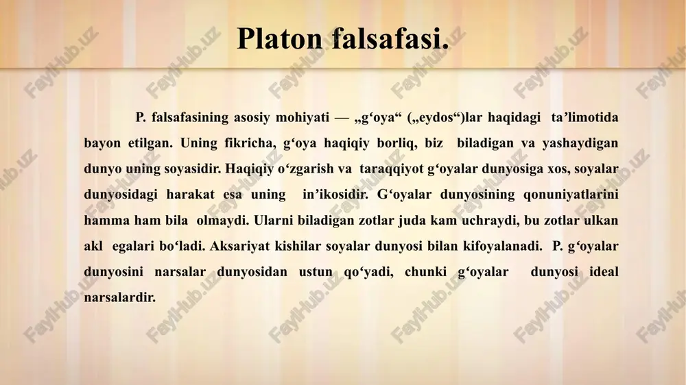 b ataydigak narsa ruh jismoniy tanada yashaydigan vaqtdir. platonning bilish nazariyasi uning gʻoyalar haqidagi nazariyasiga asoslanadi. bilish — anam-nesis, yaʼni jonning eydoslar haqidagi xotirasi. eydosga boʻlgan muhabbat (eros) maʼnaviy yuksalishga undaydigan sababdir. 12 "ontologiya - inson, olam va jamiyatning obyektiv-universal mohiyati to'g'risida falsafiy ta'limotdir. boshqacha aytganda, u borliq to'g'risidagi insonning olamga bo'lgan munosabati haqidagi falsafiy bilim sohasidir". aflotun fikricha, g‘oya har qanday ob‘ektning asl mohiyati, uning ideal holati sifatida tushunilishi kerak anglash uchun his-tuyg'ularni emas, balki aqlni ishlatish kerak. g'oya narsaning shakli bo'lganligi sababli, hissiy bilish uchun emas, u g'ayrioddiydir 13 faylasufning ishonchi komil ediki, faqat alohida narsalarni hislar usuli bilan tushunish mumkin, mohiyat esa aql bilan. bilim na hislar, na to'g'ri fikrlar va na aniq ma'nolardir. haqiqiy bilim deganda, g‗oyalar olamiga kirib borgan bilim tushuniladi. fikr sezgilar tomonidan qabul qilinadigan narsalarning bir qismidir. sezgi bilimi doimiydir, chunki unga bo'ysunadigan narsalar o'zgaruvchandir. 14 bilish haqidagi ta‘limotning bir qismi xotira tushunchasidir. …