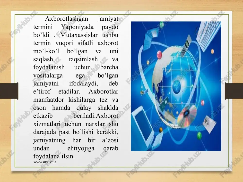 xiridan boshlab har yili 2 baravarga ortib bormoqda. www.arxiv.uz www.arxiv.uz axborot inqirozi bir qancha salbiy holatlarni keltirib chiqardi. ular orasida insonning chegaralangan qabul qilish va qayta ishlash imkoniyatlari bilan doimiy ko’payib boruvchi axborot oqimlari o’rtasidagi qarama-qarshilik; foydali axborotlarni o’zlashtirishga halal beruvchi ulkan ortiqcha axborot massasining mavjudligi; axborot tarqalishiga xalaqit beruvchi iqtisodiy, siyosiy va boshqa to’siqlarning mustahkamlanishi muammolarini ajratish mumkin. axborotlashgan jamiyat vazifalaridan biri – inqiroz oqibatlarini yumshatishdan iborat. zamonaviy jamiyat axborot resurslari. resurs bu – qaysidir vositalarning manbasi yoki zahirasidir. har qandar jamiyat, davlat, firma yoki jismoniy shaxs o’z hayotiy faoliyati uchun zarur bo’lgan ma’lum resurslarga ega bo’ladi. an’anaviy resurslarga xom ashyo (tabiiy) resurslar, energetic resurslar, mehnat resurslari, moliyaviy resurslar kabi material resurslar kiradi.bularga qo’shimcha ravishda zamonaviy jamiyatning muhim resurs turi bu – axborot resurslaridir. www.arxiv.uz www.arxiv.uz www.arxiv.uz www.arxiv.uz foydalanilgan adabiyotlar: ahmedov a.,taylaqov n. informatika. akademik litsey va kasb-hunar kollejlar uchun darslik. — t.: o‘zbekiston, 2002. «informatika va hisoblash texnikasi …